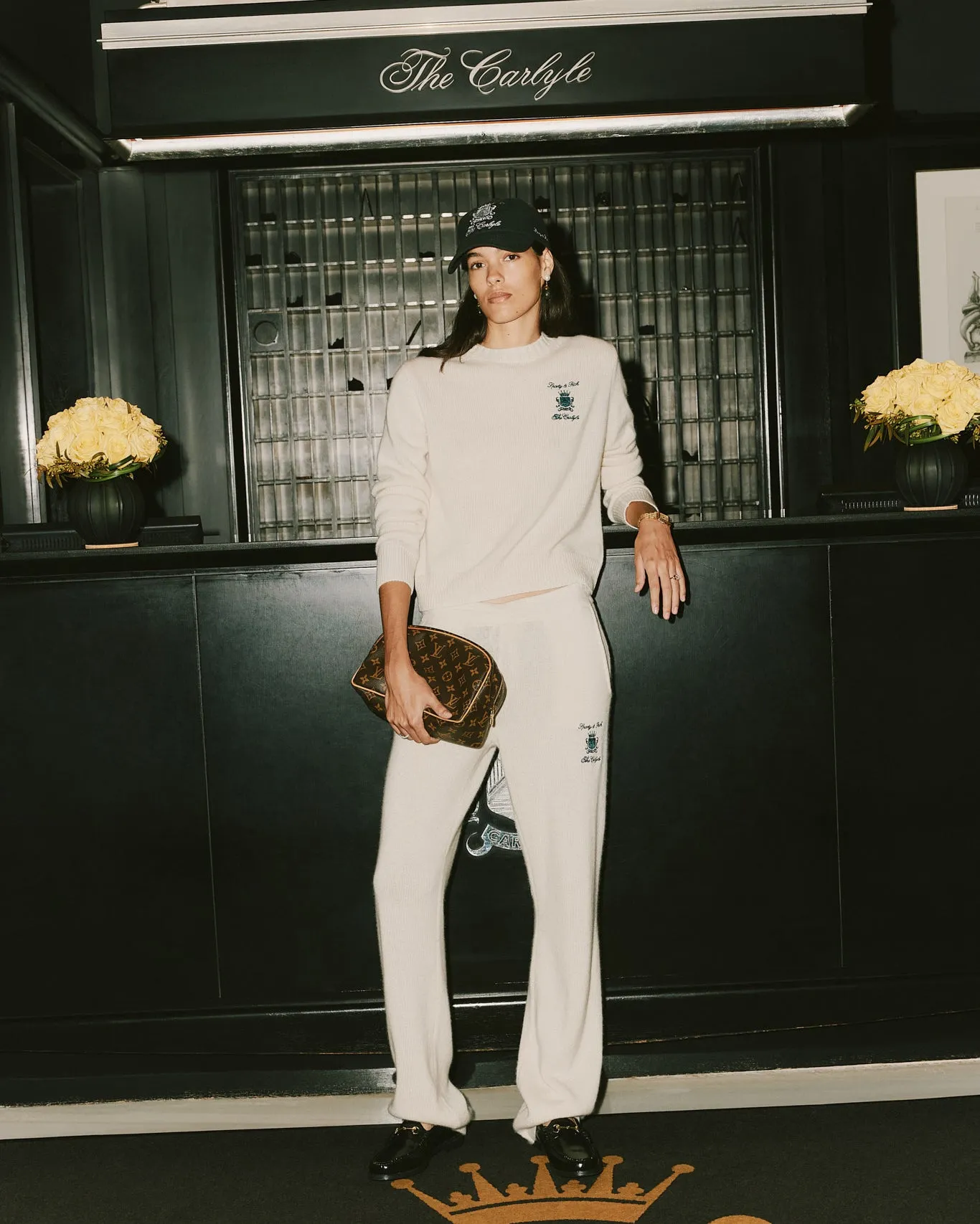 The Carlyle Crest Cashmere Crewneck - Cream/Forest sold by Sporty and Rich product image thumbnail 2