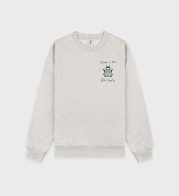 The Carlyle Crest Crewneck - Heather Gray/Forest sold by Sporty and Rich