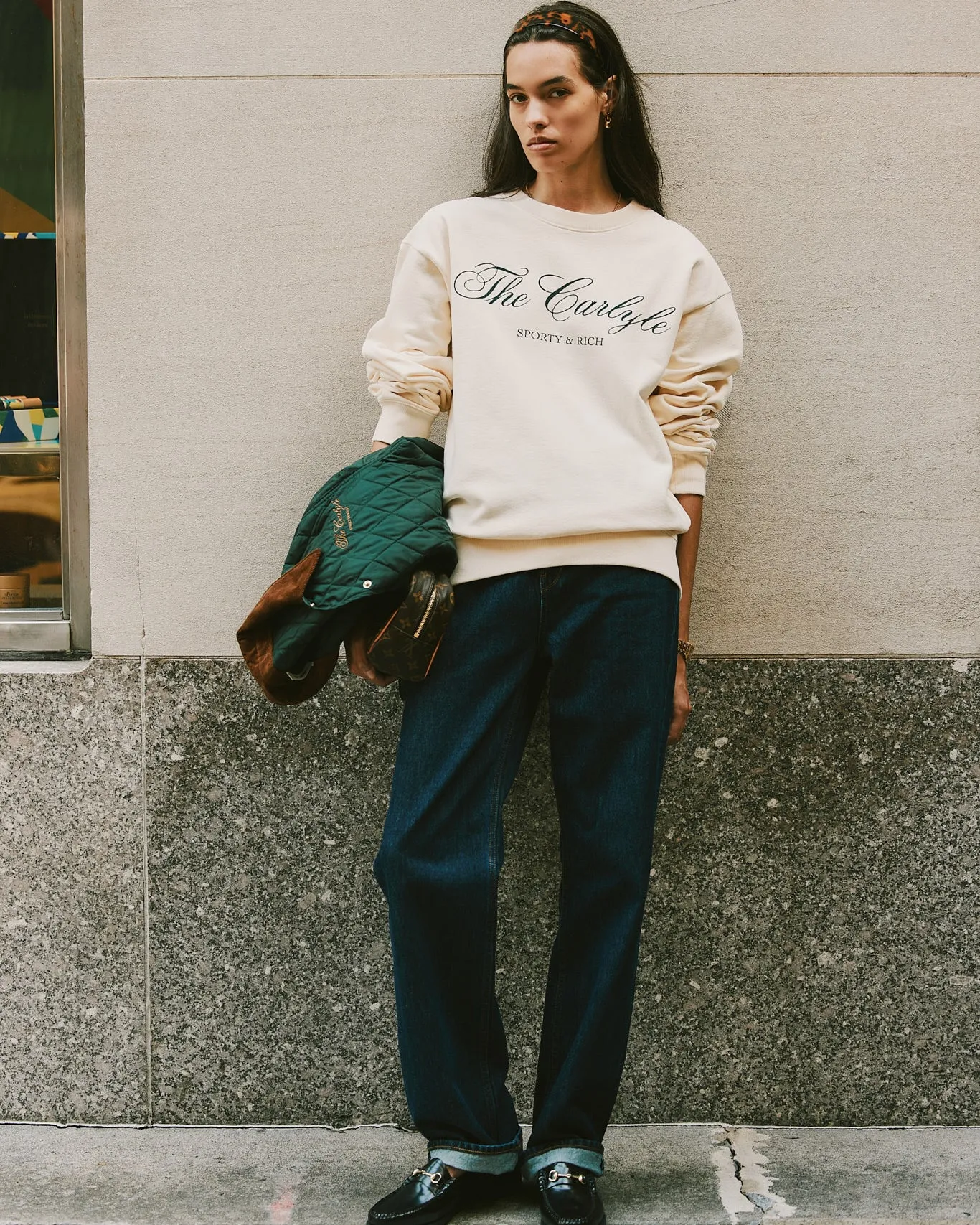 The Carlyle Script Crewneck - Cream/Forest sold by Sporty and Rich product image thumbnail 2