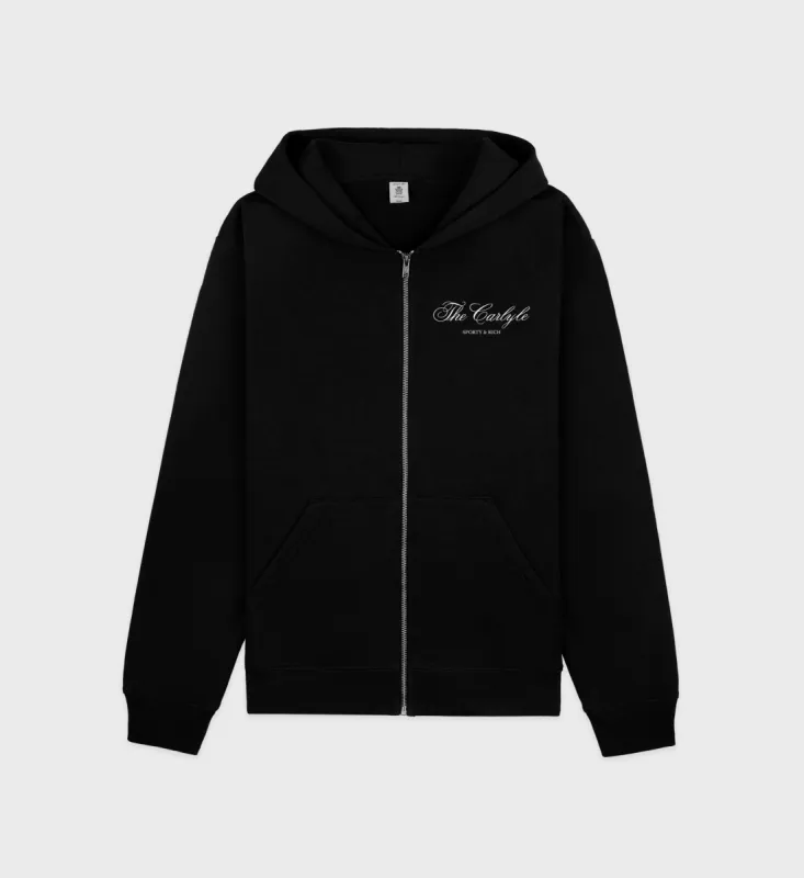 The Carlyle Souvenir Zip Hoodie - Black/White sold by Sporty and Rich