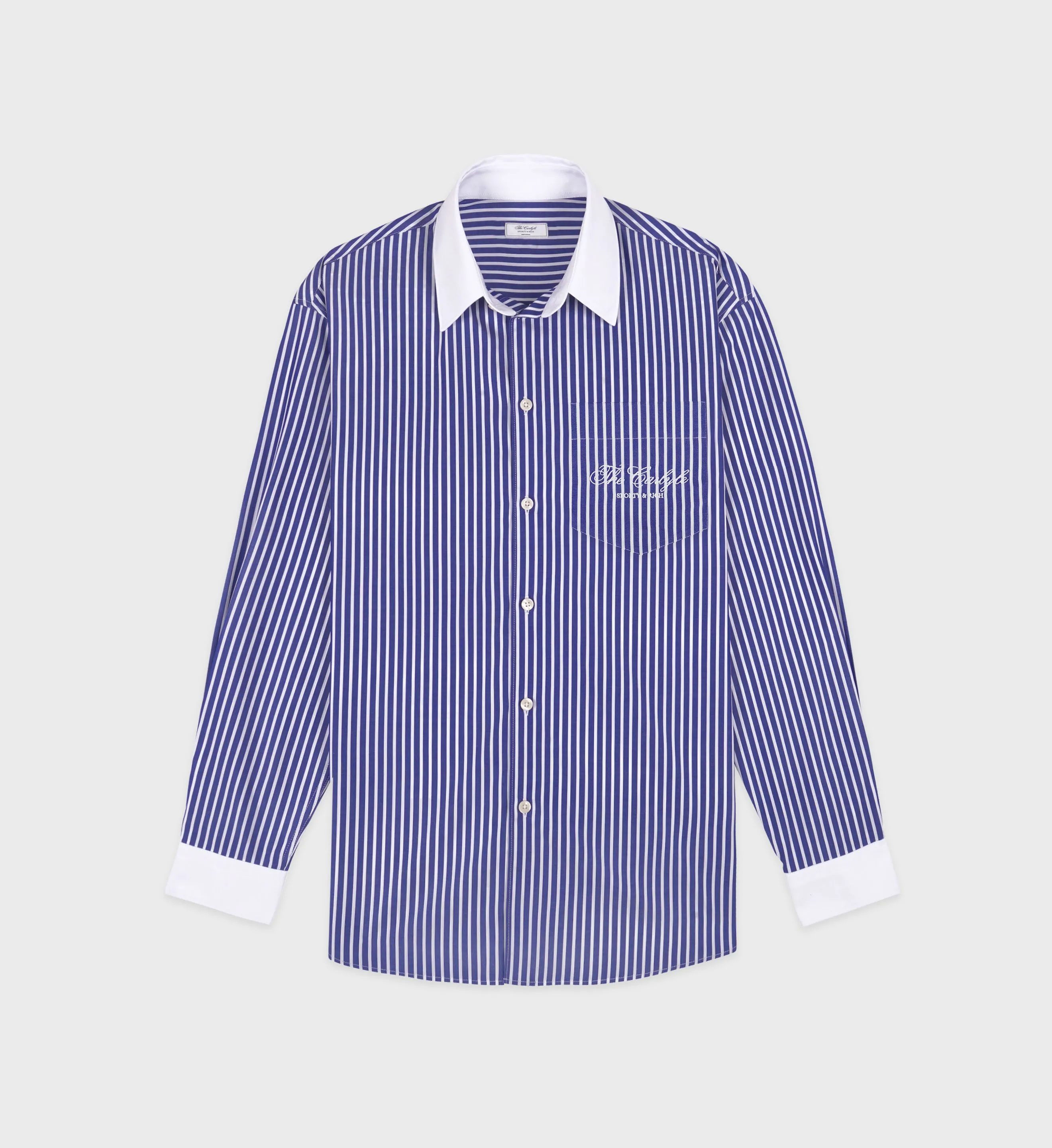 The Carlyle Script Oversized Shirt - Navy Striped sold by Sporty and Rich