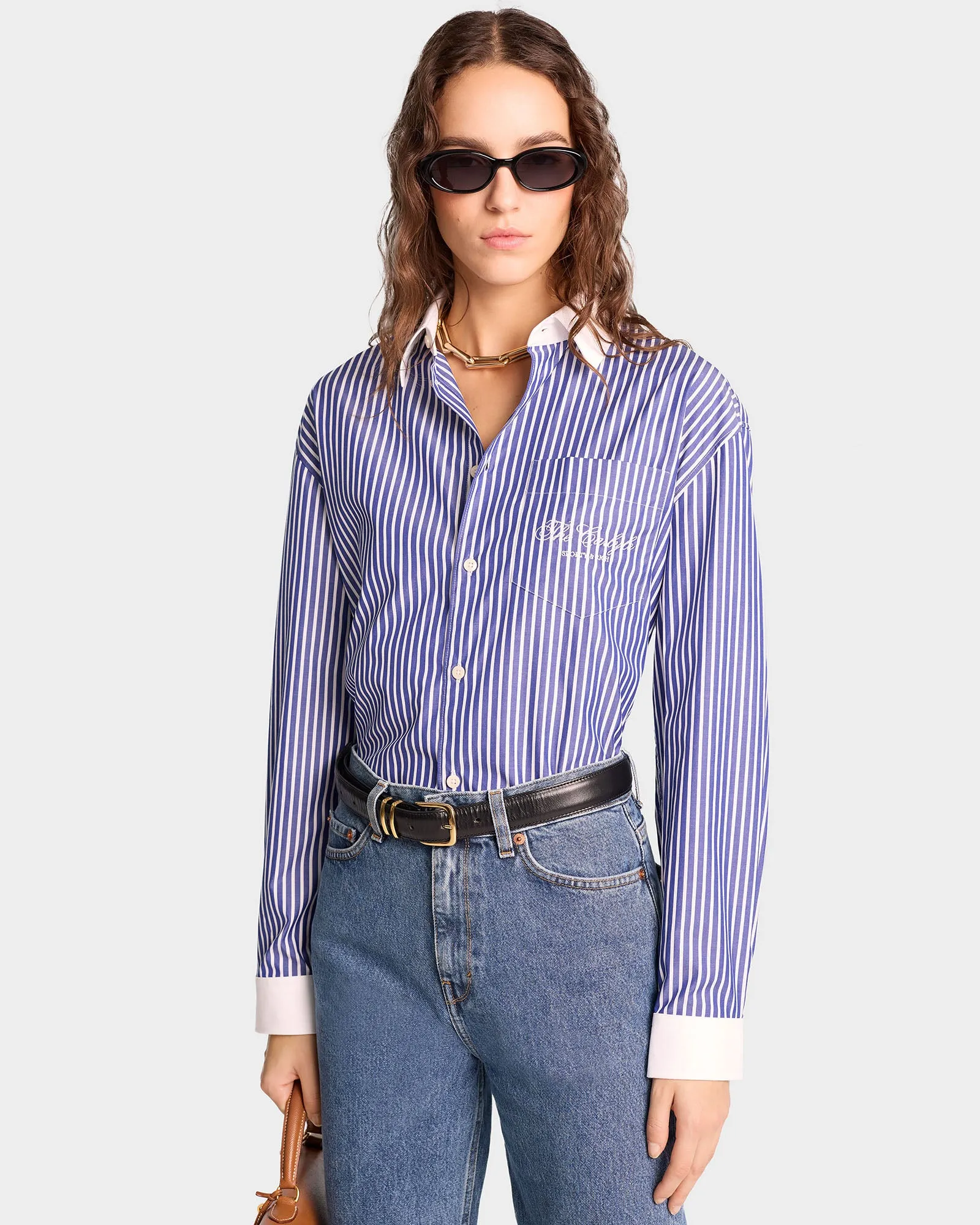 The Carlyle Script Oversized Shirt - Navy Striped sold by Sporty and Rich product image thumbnail 5