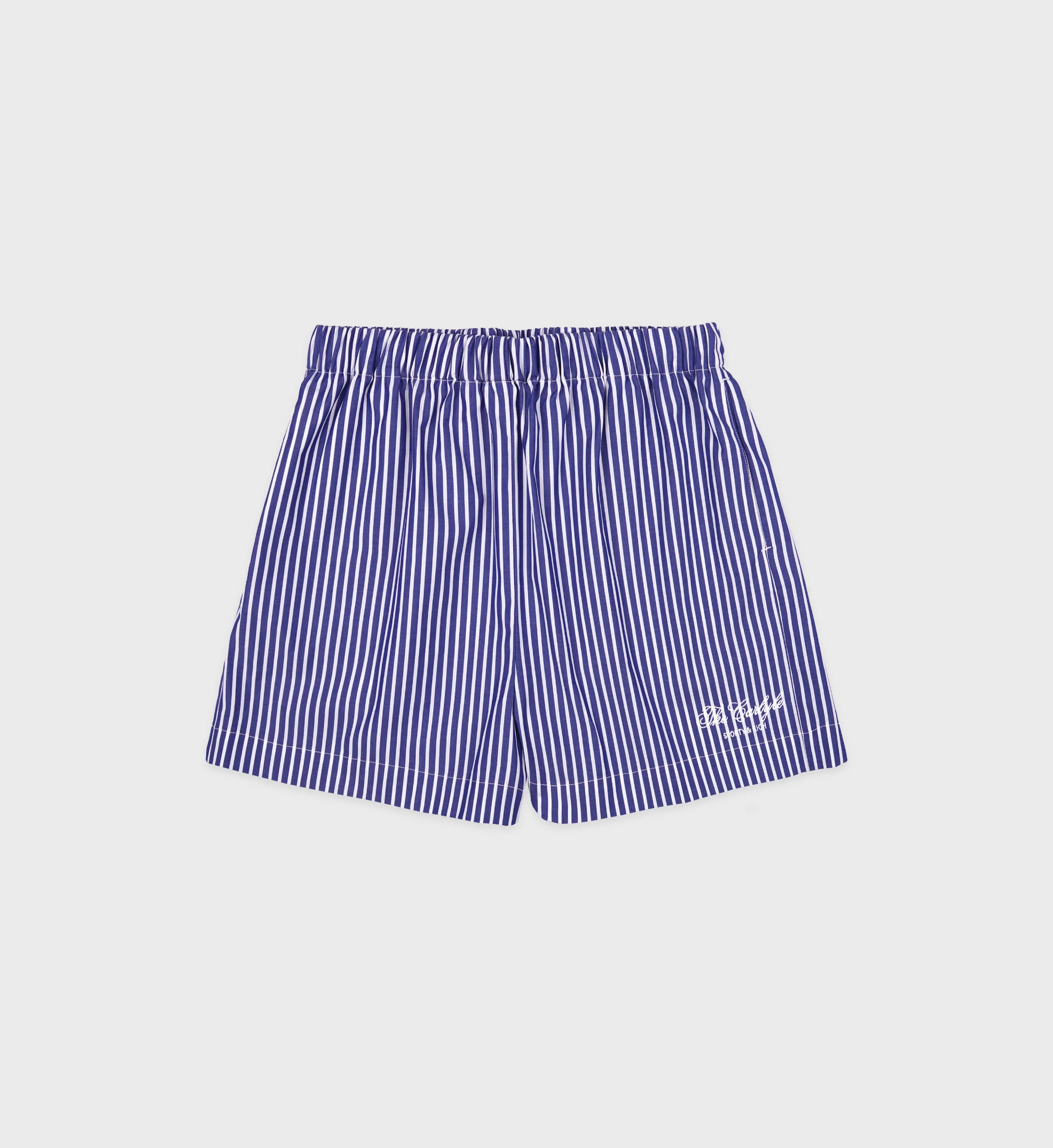 The Carlyle Script Poplin Short - Navy Striped sold by Sporty and Rich