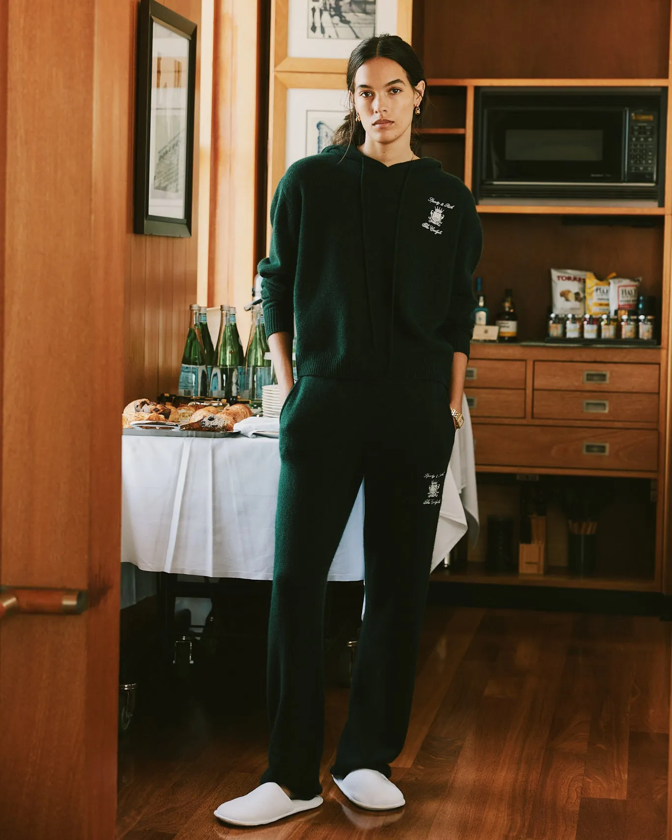 The Carlyle Crest Cashmere Trousers - Forest/White sold by Sporty and Rich product image thumbnail 2