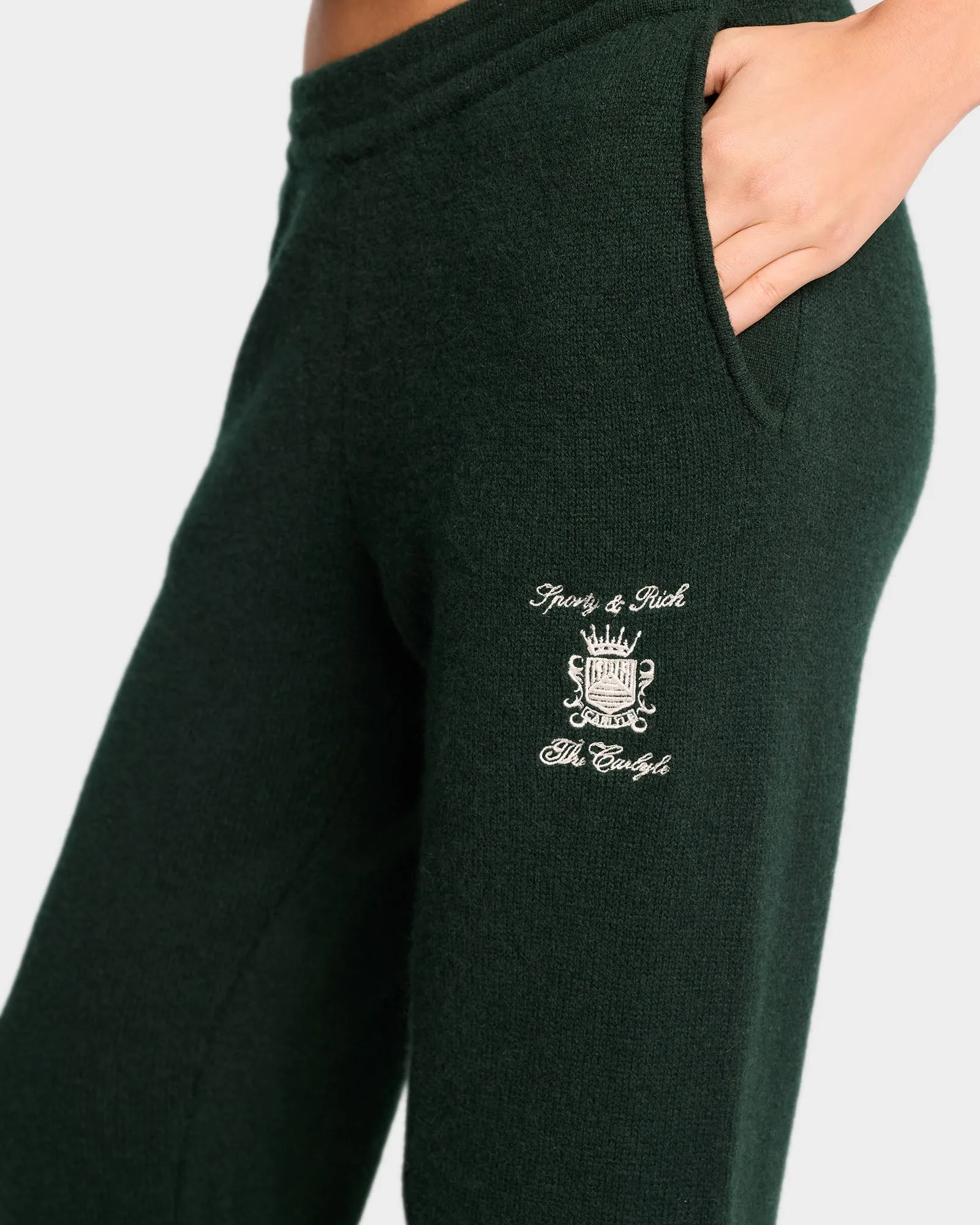 The Carlyle Crest Cashmere Trousers - Forest/White sold by Sporty and Rich product image thumbnail 5