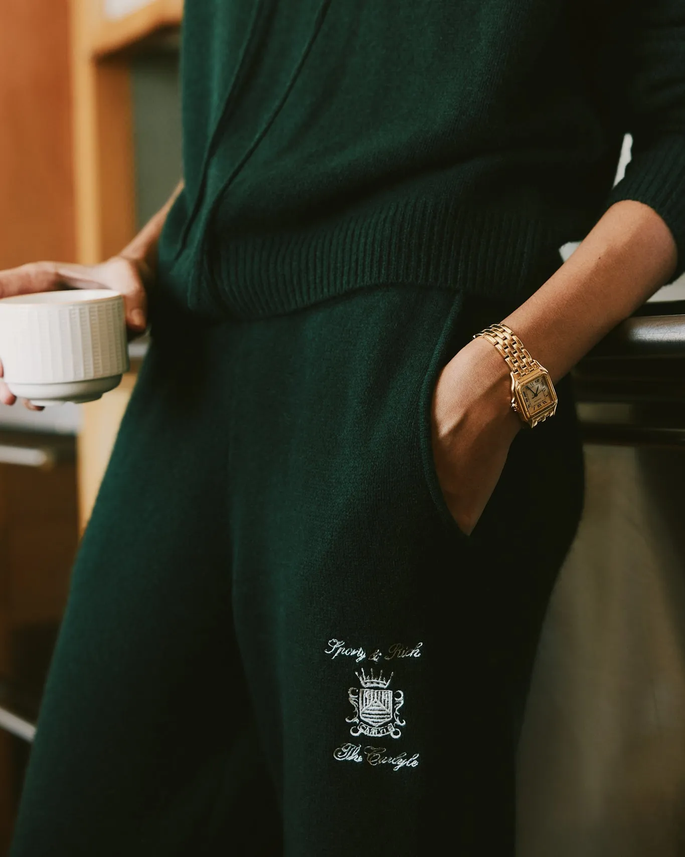 The Carlyle Crest Cashmere Trousers - Forest/White sold by Sporty and Rich product image thumbnail 3