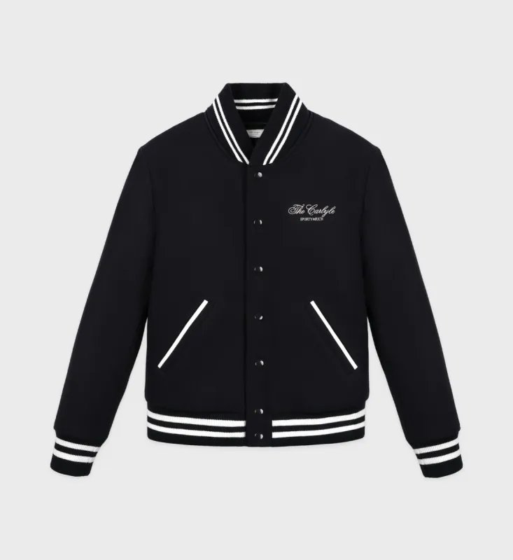 The Carlyle Crest Wool Varsity Jacket - Black/White sold by Sporty and Rich