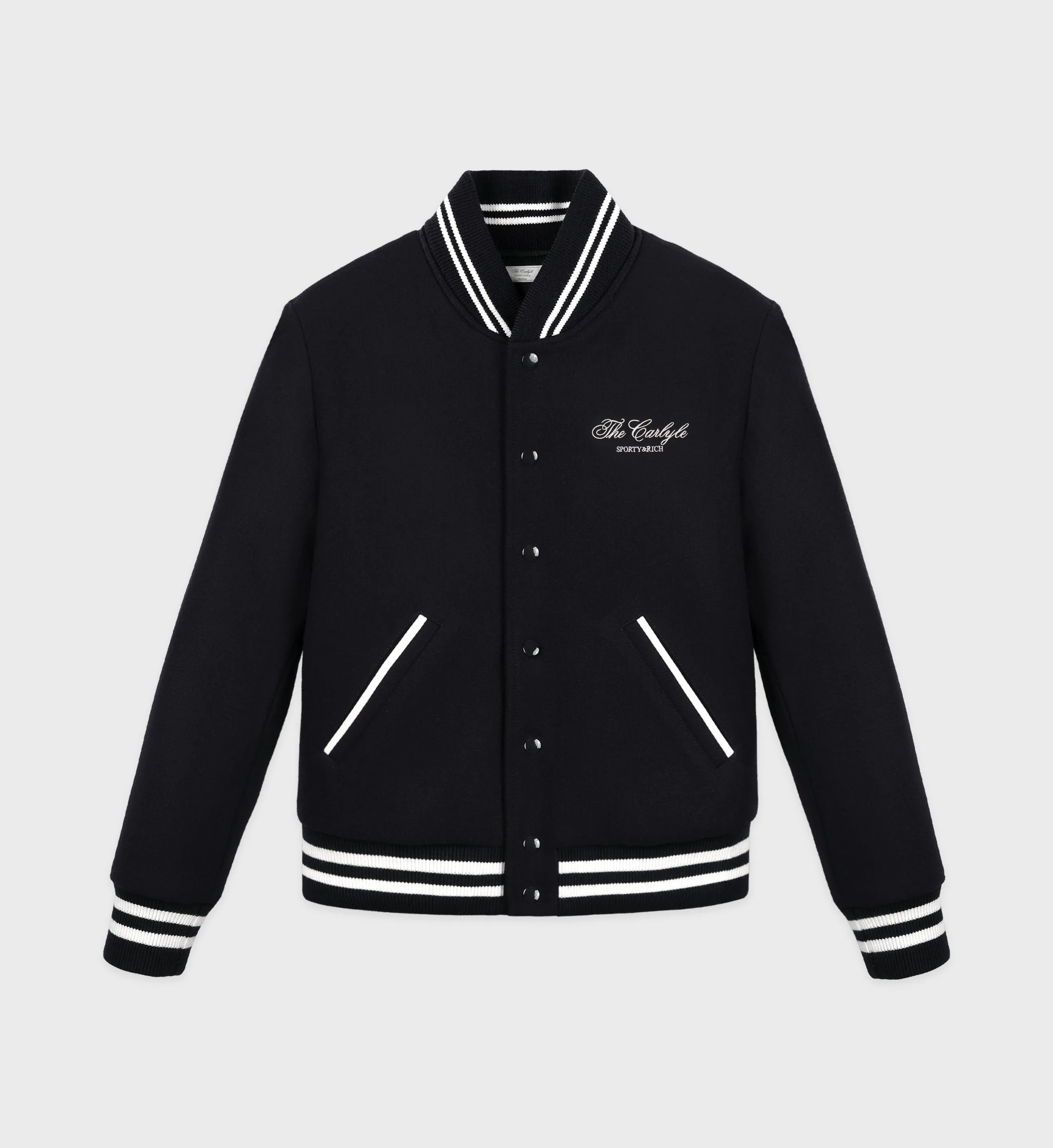 The Carlyle Crest Wool Varsity Jacket - Black/White sold by Sporty and Rich
