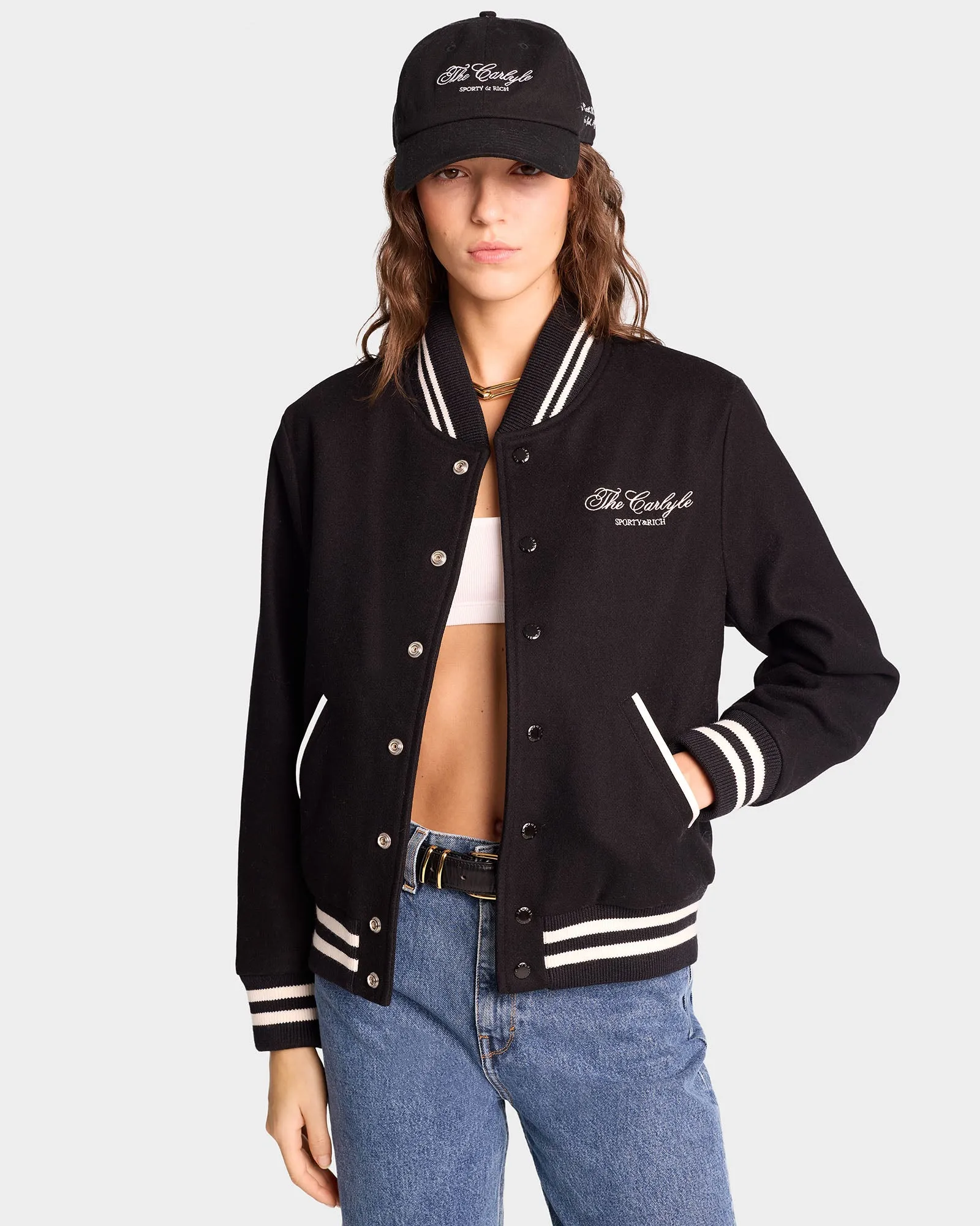 The Carlyle Crest Wool Varsity Jacket - Black/White sold by Sporty and Rich product image thumbnail 5