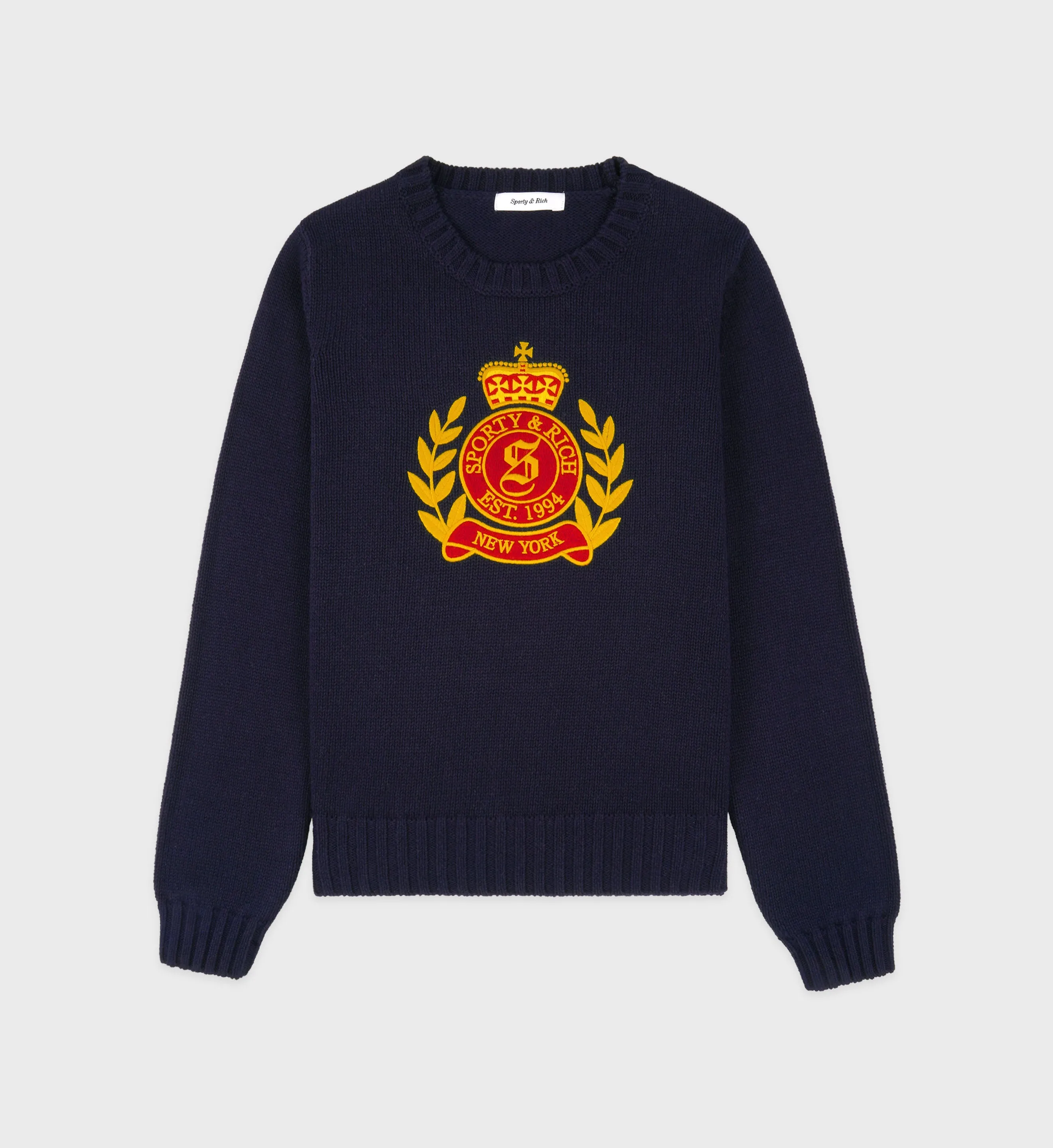 NY Crest Knitted Crewneck - Navy sold by Sporty and Rich