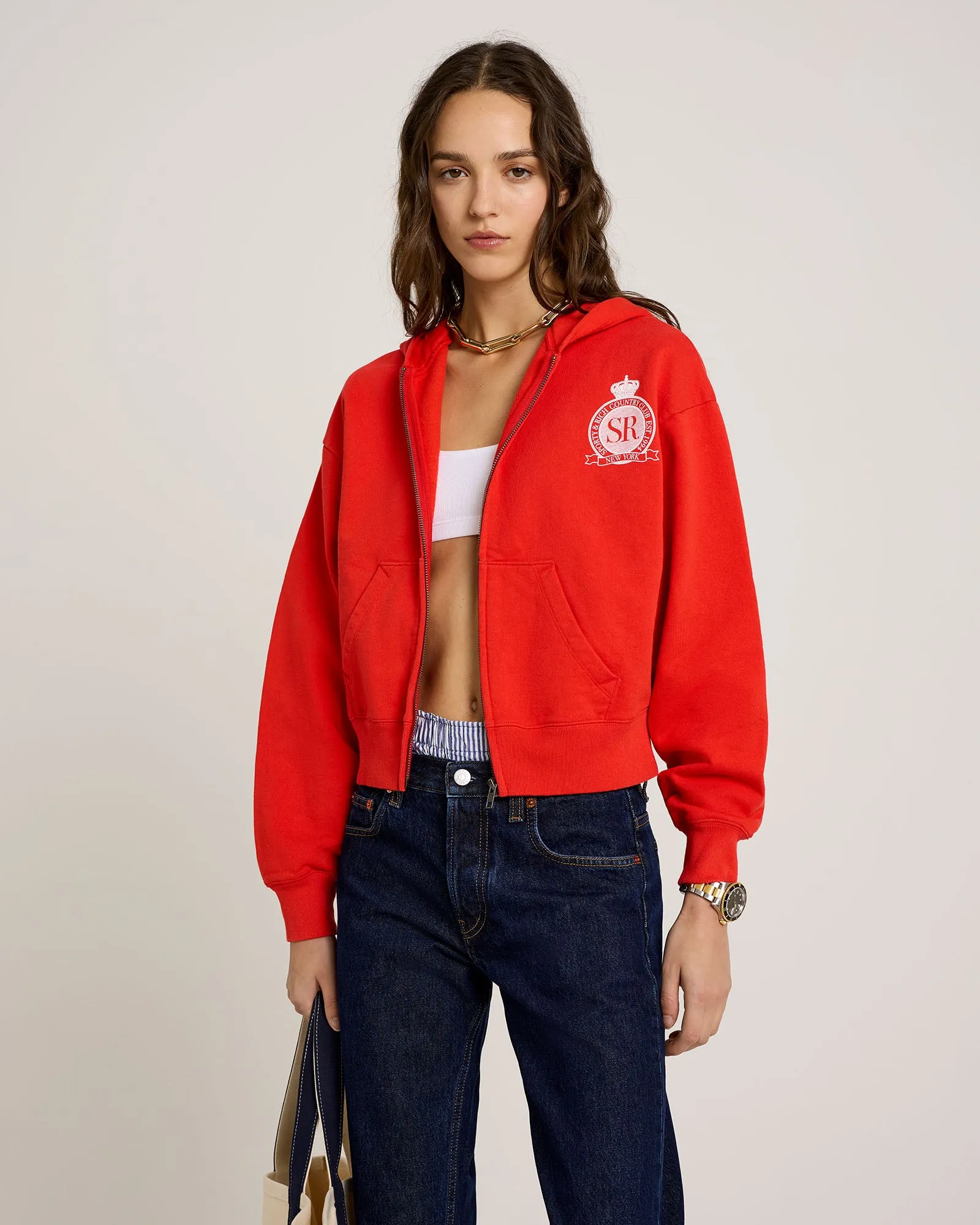 Royal Club Cropped Zip Hoodie - Bright Red/White sold by Sporty and Rich product image thumbnail 3