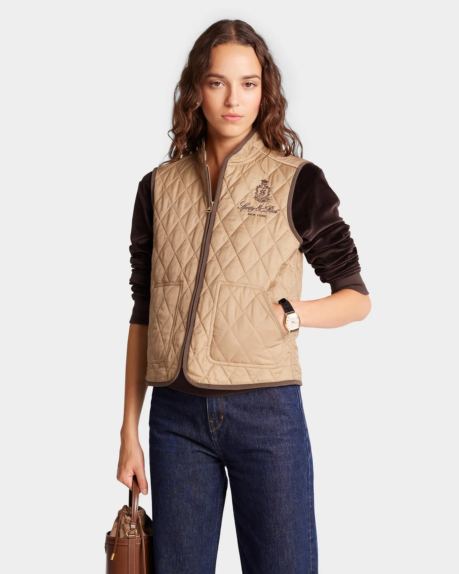 Vendome Quilted Riding Vest - Beige/Chocolate sold by Sporty and Rich product image thumbnail 3
