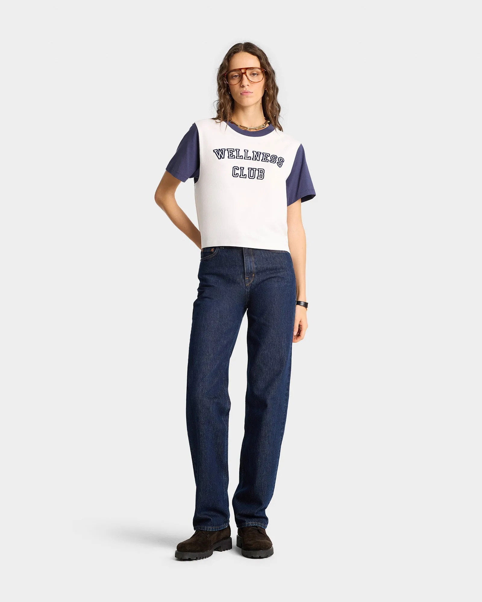 Wellness Club Color Block Cropped Tee - White/Navy sold by Sporty and Rich product image thumbnail 4