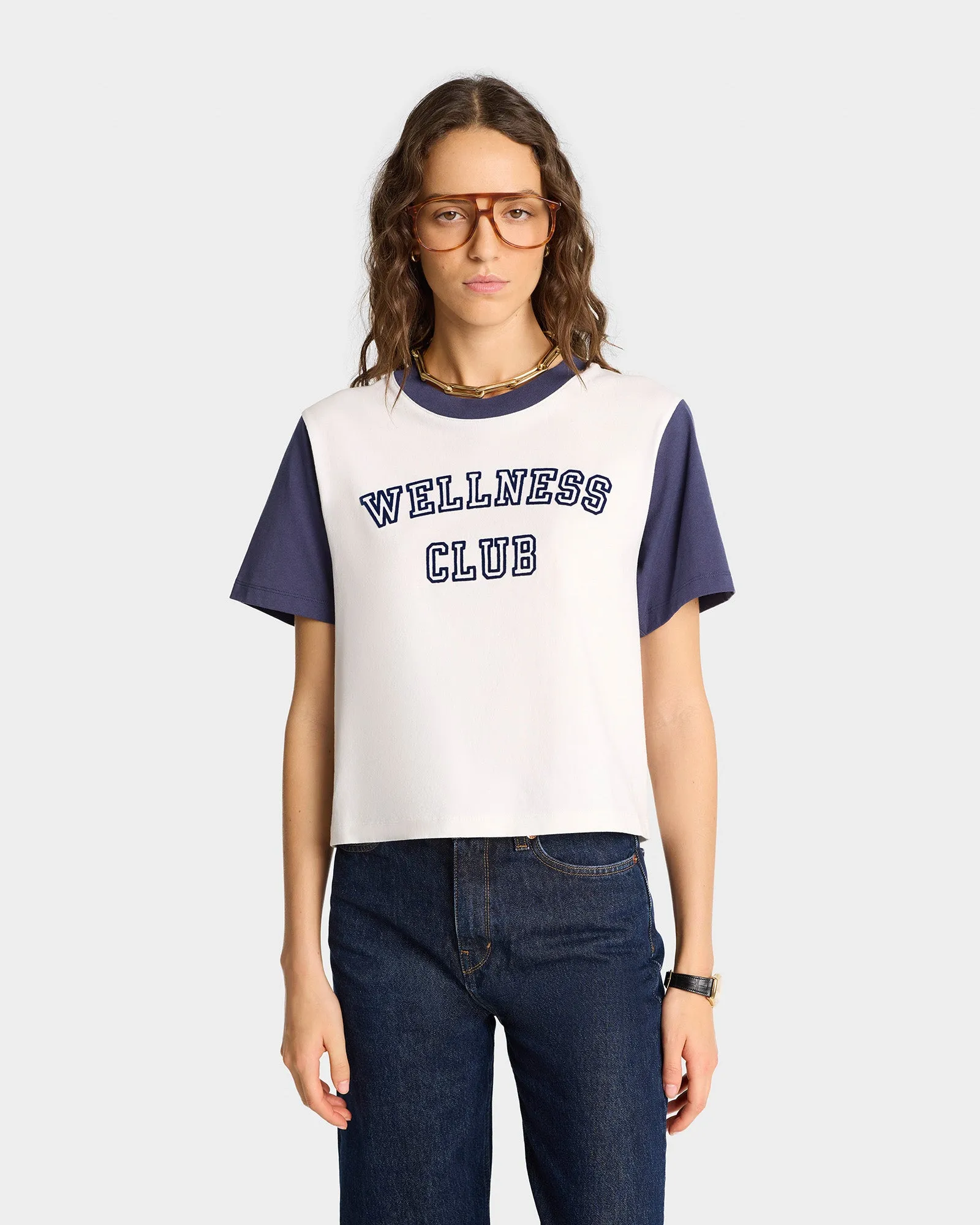 Wellness Club Color Block Cropped Tee - White/Navy sold by Sporty and Rich product image thumbnail 5