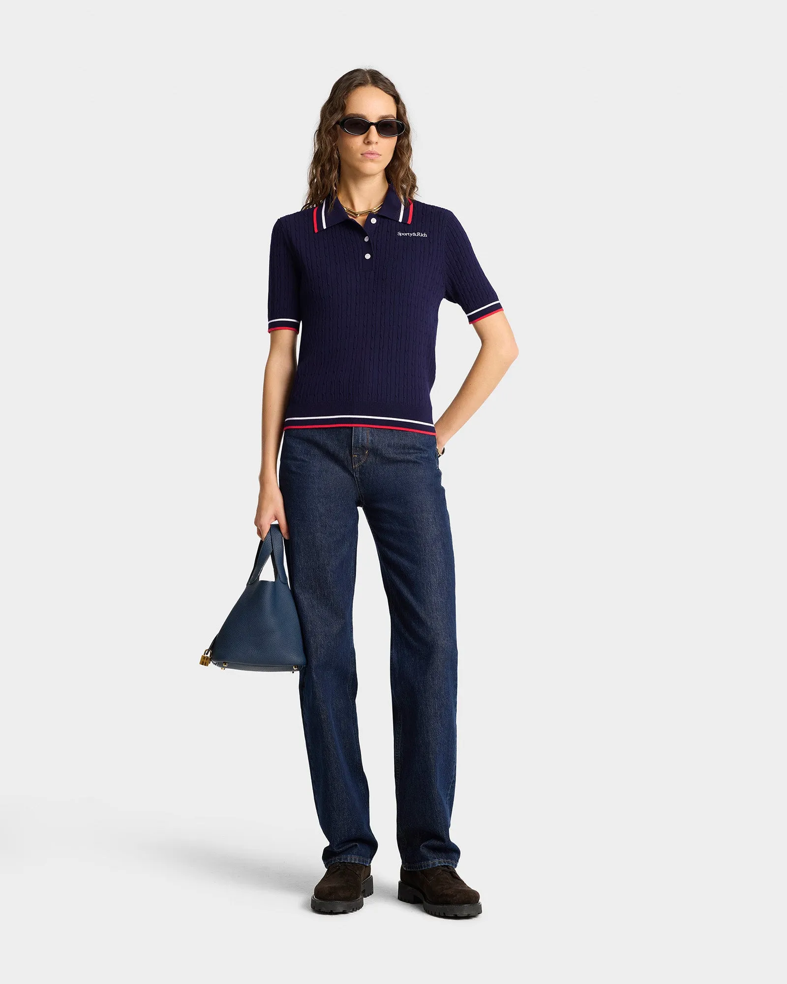 Serif Logo Mini Cable Polo - Navy/Off White/Red sold by Sporty and Rich product image thumbnail 4