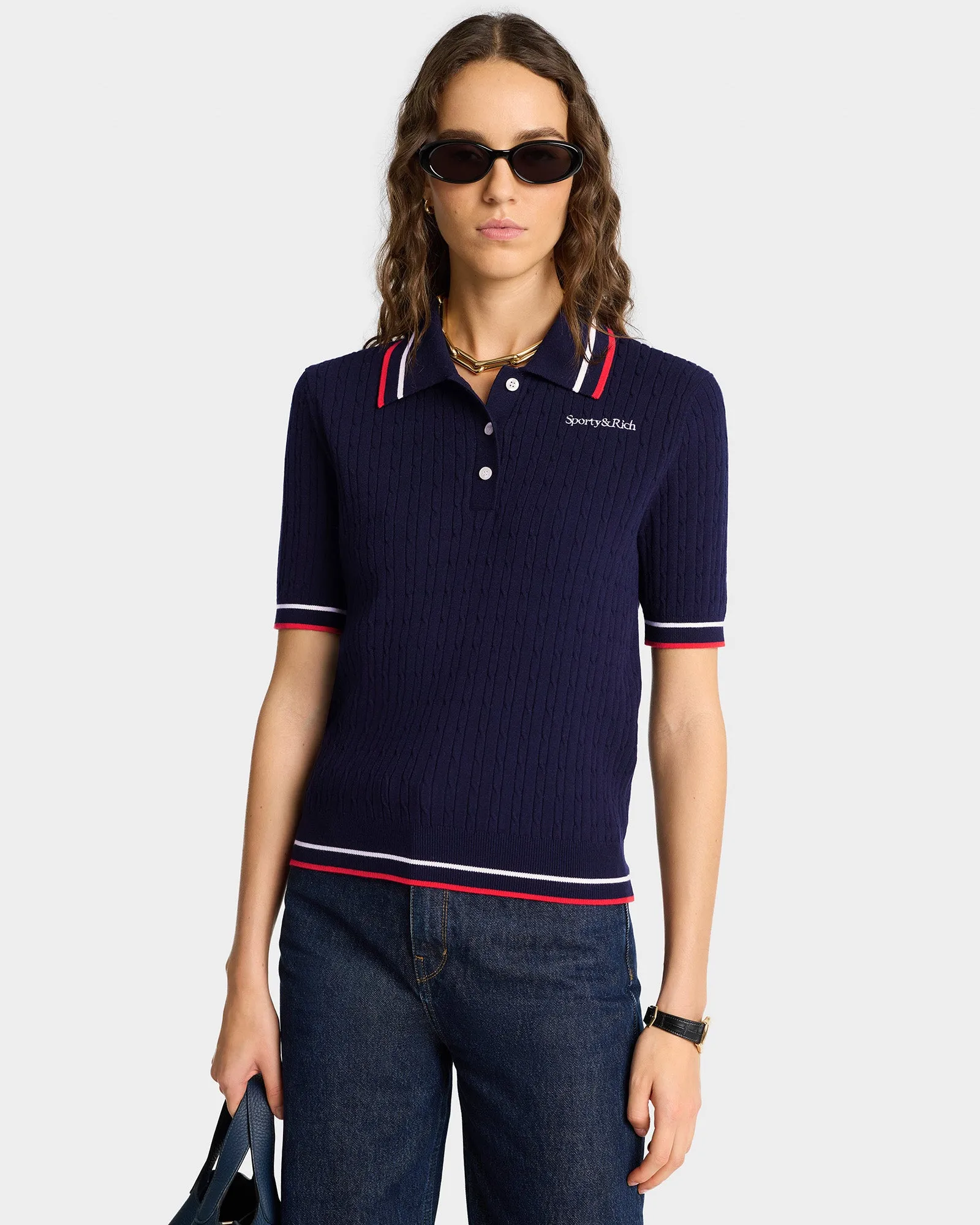 Serif Logo Mini Cable Polo - Navy/Off White/Red sold by Sporty and Rich product image thumbnail 5