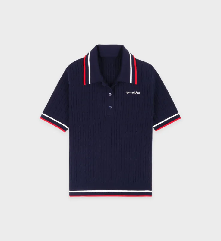 Serif Logo Mini Cable Polo - Navy/Off White/Red sold by Sporty and Rich