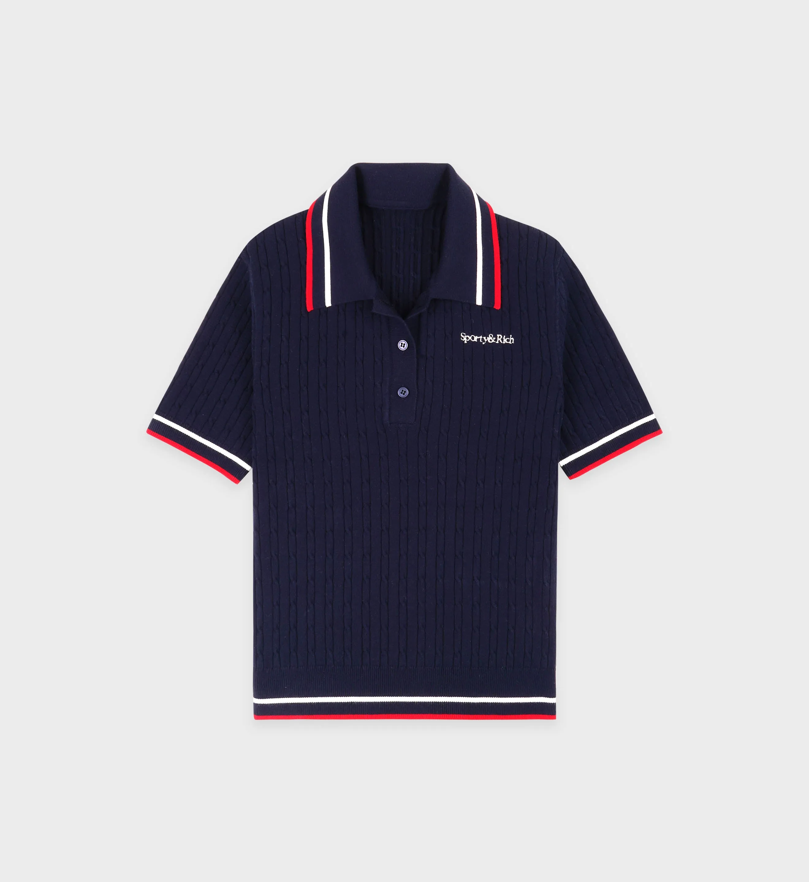 Serif Logo Mini Cable Polo - Navy/Off White/Red sold by Sporty and Rich