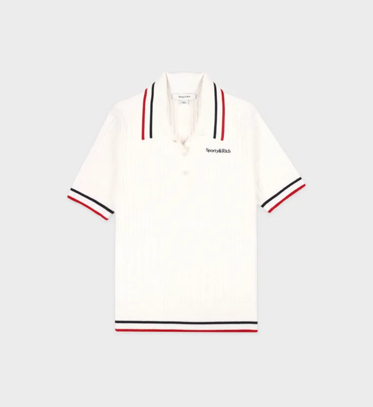 Serif Logo MIni Cable Polo - Off White/Navy/Red sold by Sporty and Rich