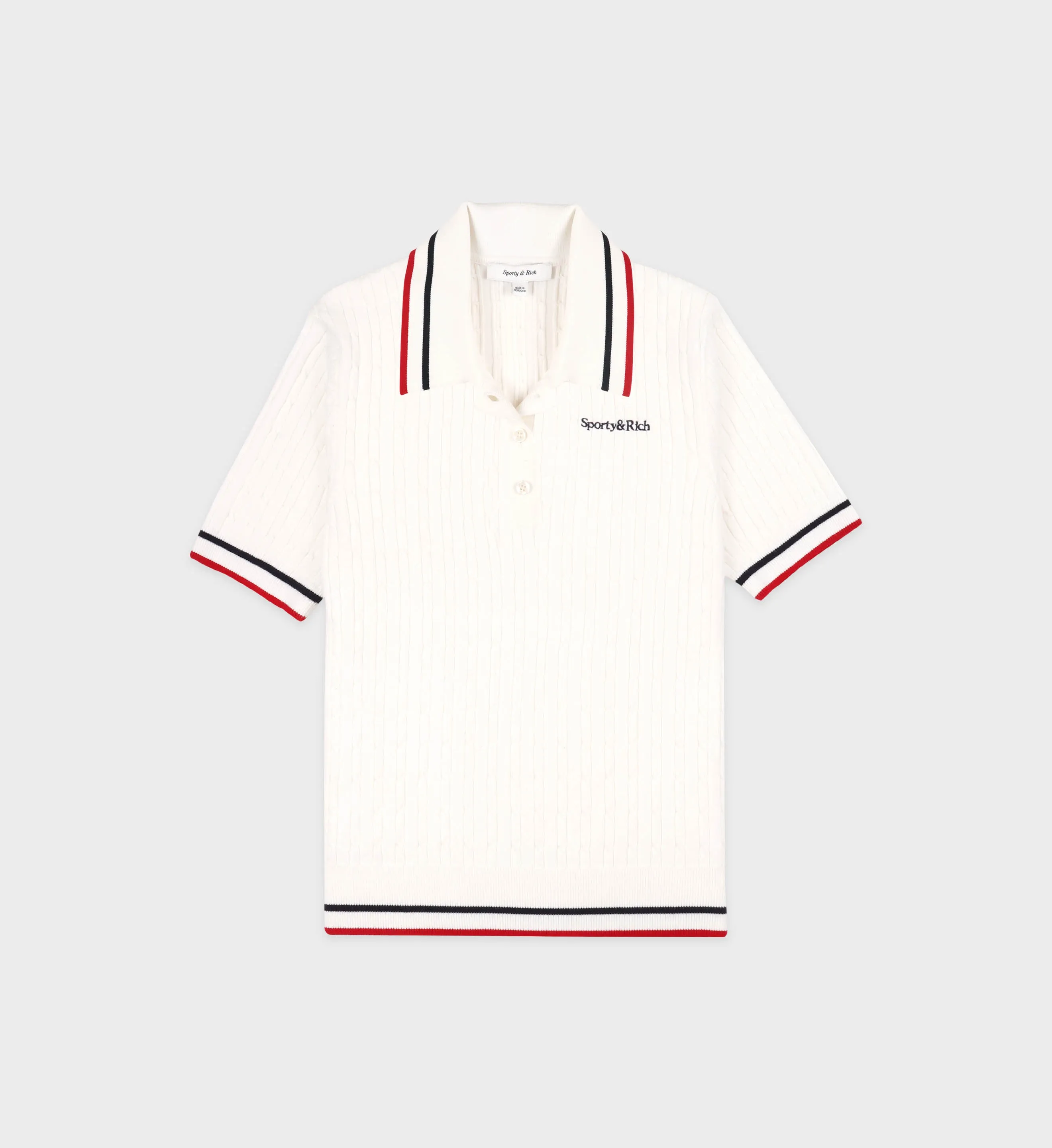 Serif Logo MIni Cable Polo - Off White/Navy/Red sold by Sporty and Rich