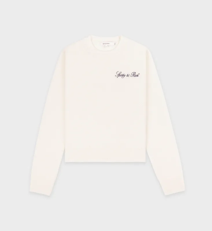 Vendome Script Cashmere Crewneck - Cream/Navy sold by Sporty and Rich