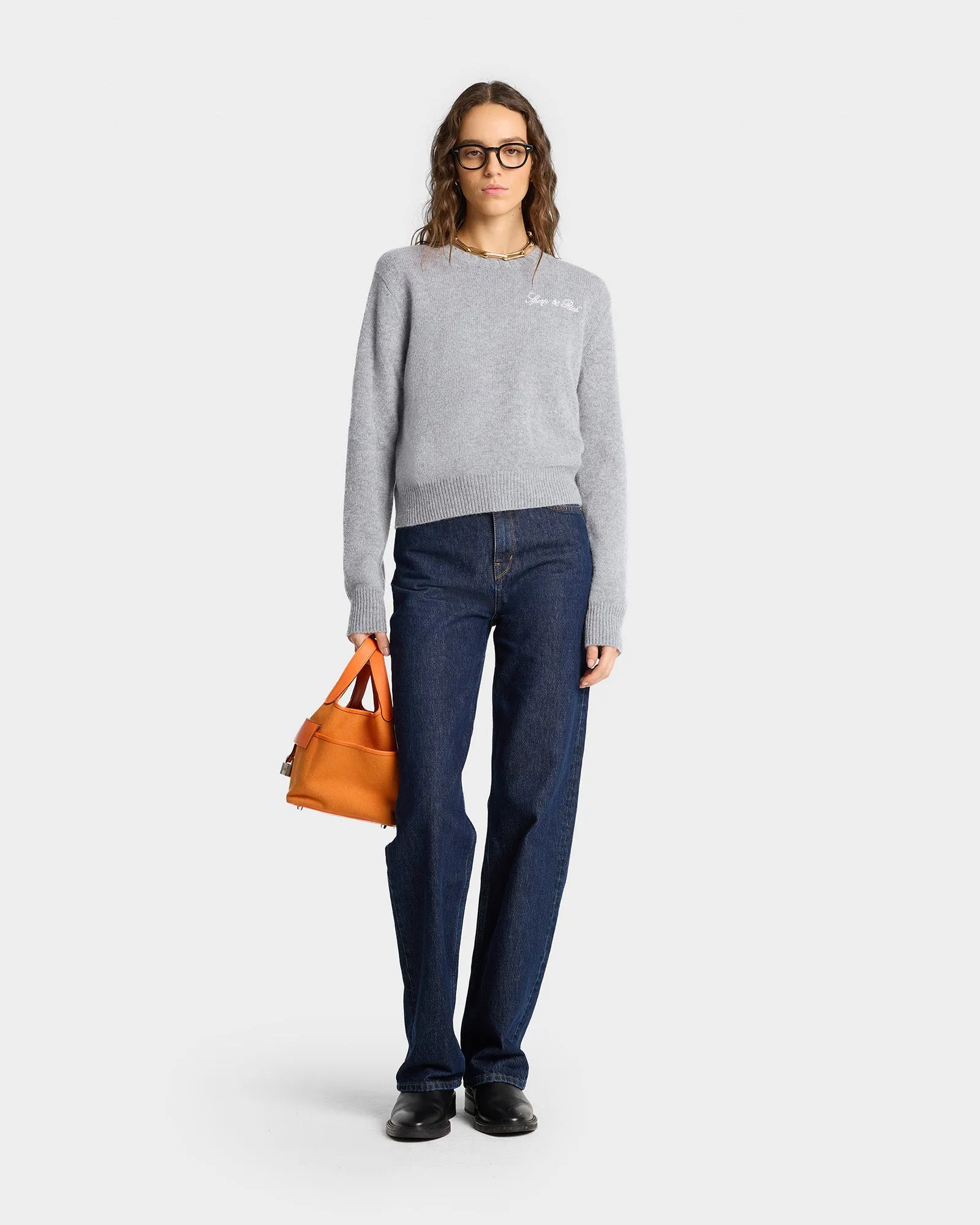 Vendome Script Cashmere Crewneck - Heather Gray/White sold by Sporty and Rich product image thumbnail 3
