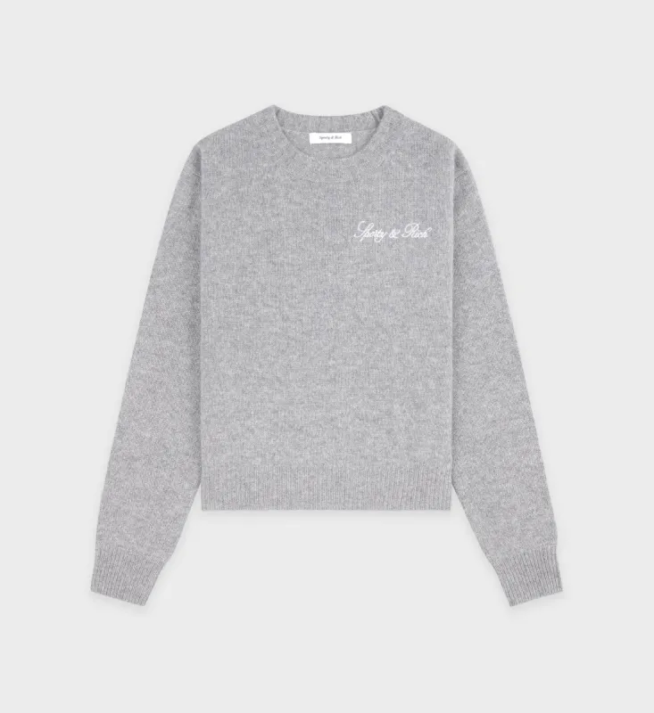 Vendome Script Cashmere Crewneck - Heather Gray/White sold by Sporty and Rich
