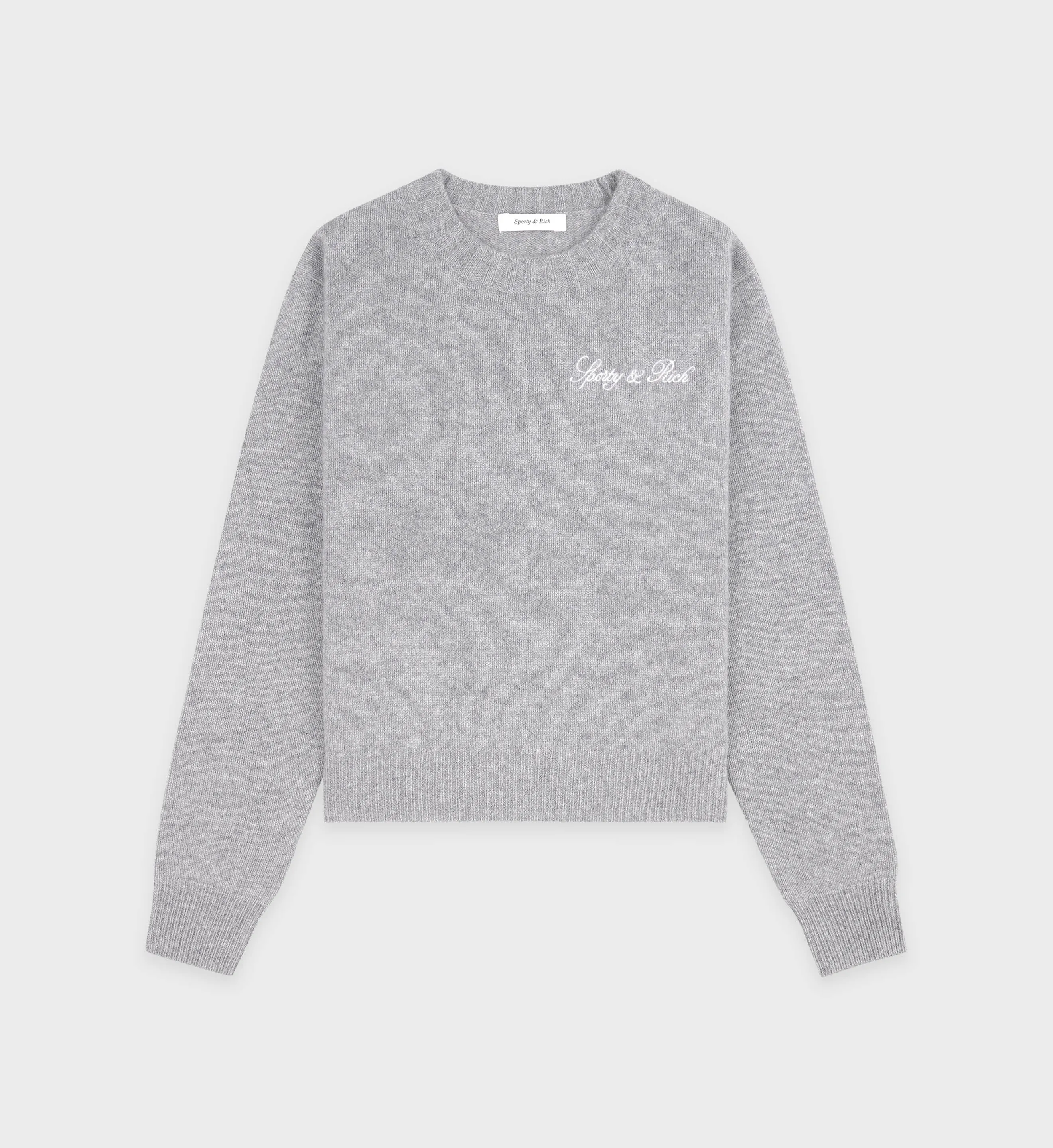 Vendome Script Cashmere Crewneck - Heather Gray/White sold by Sporty and Rich