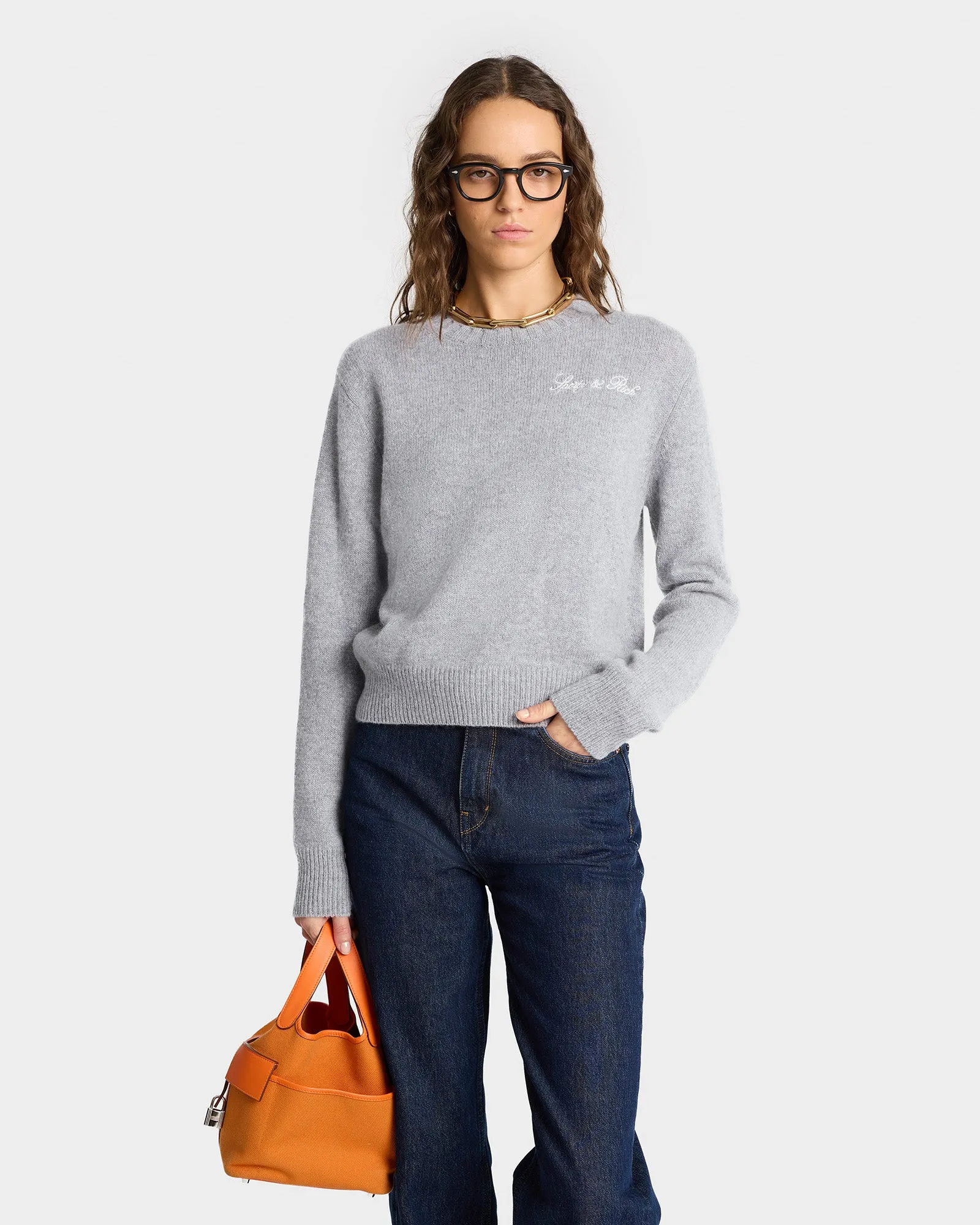 Vendome Script Cashmere Crewneck - Heather Gray/White sold by Sporty and Rich product image thumbnail 4