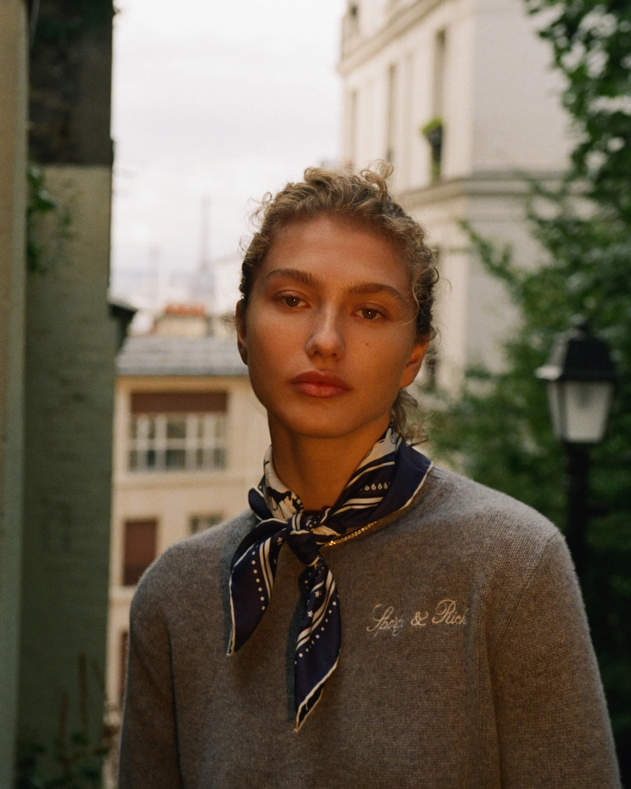 Vendome Script Cashmere Crewneck - Heather Gray/White sold by Sporty and Rich product image thumbnail 2