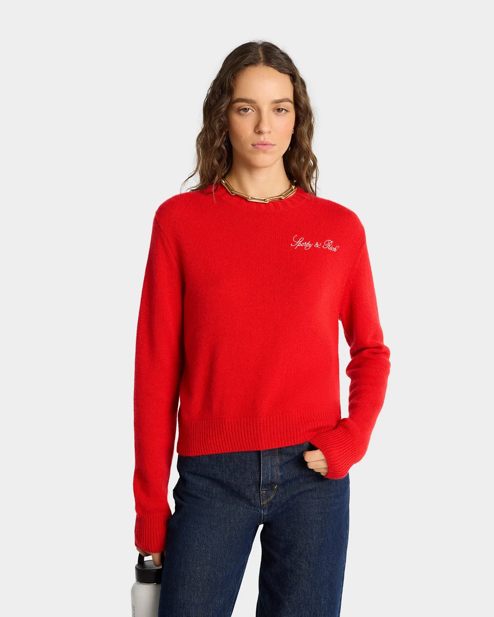 Vendome Script Cashmere Crewneck - Ruby/White sold by Sporty and Rich product image thumbnail 5