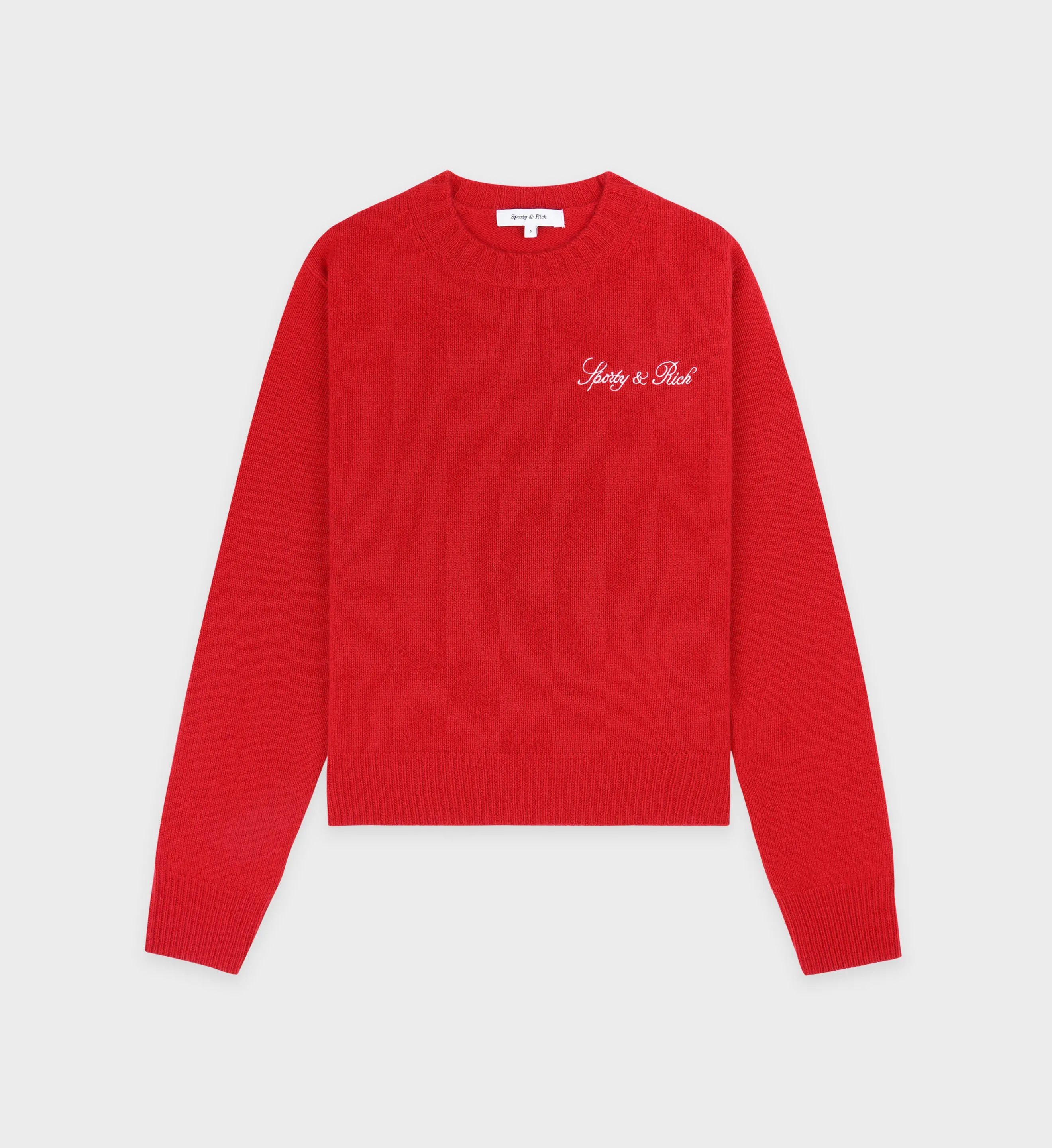 Vendome Script Cashmere Crewneck - Ruby/White sold by Sporty and Rich