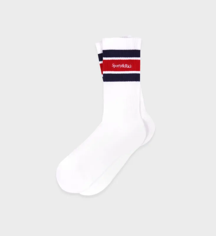 Serif Logo Striped Socks - White/Navy/Ruby sold by Sporty and Rich