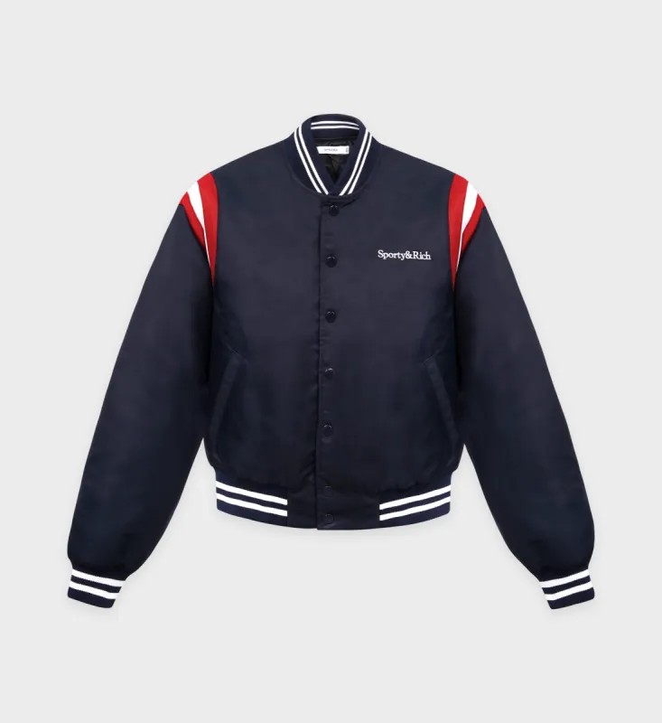 Serif Logo Varsity Jacket - Navy/White/Red sold by Sporty and Rich