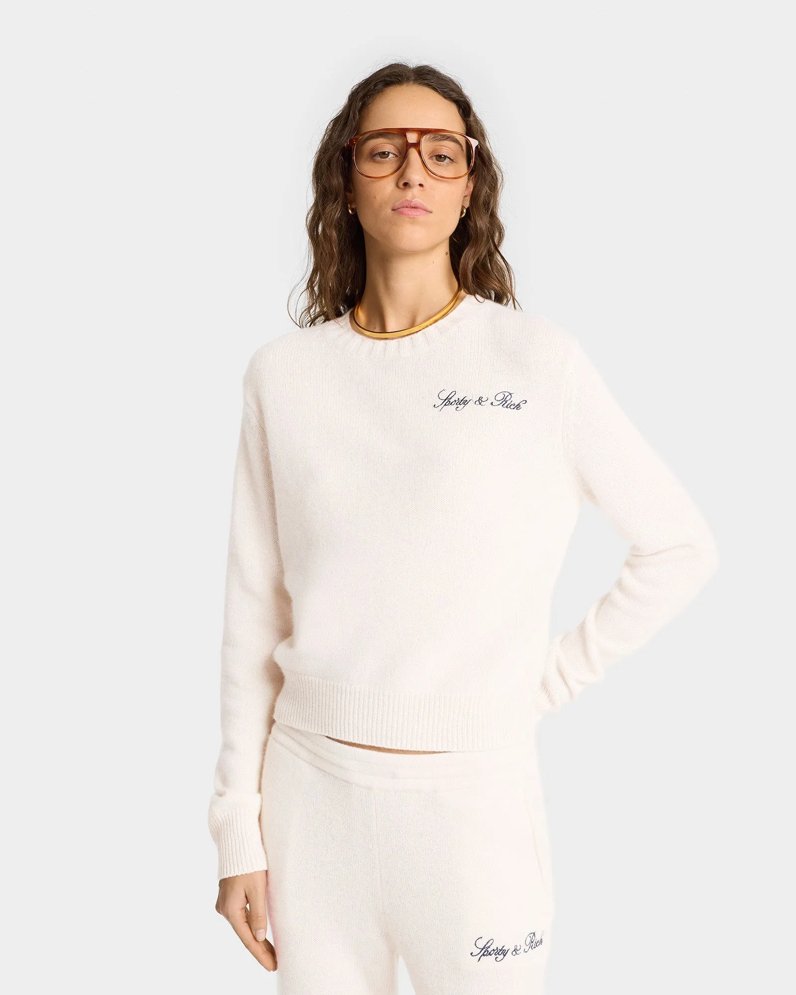 Vendome Script Cashmere Trousers - Cream/Navy sold by Sporty and Rich product image thumbnail 5