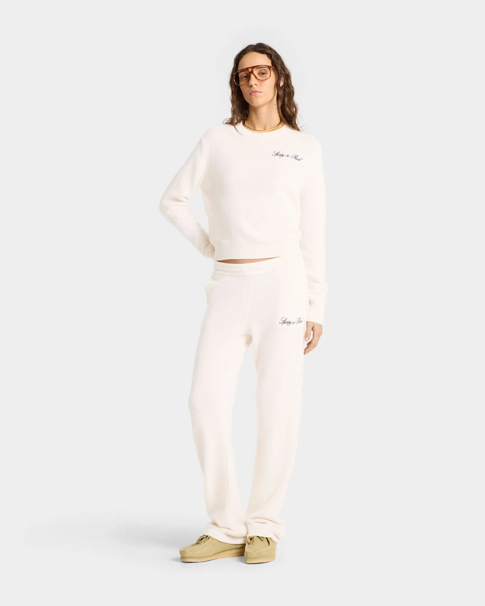Vendome Script Cashmere Trousers - Cream/Navy sold by Sporty and Rich product image thumbnail 4