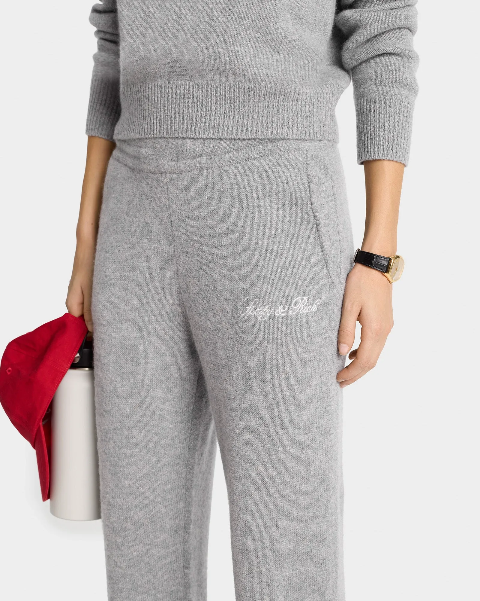 Vendome Script Cashmere Trousers - Heather Gray/White sold by Sporty and Rich product image thumbnail 4