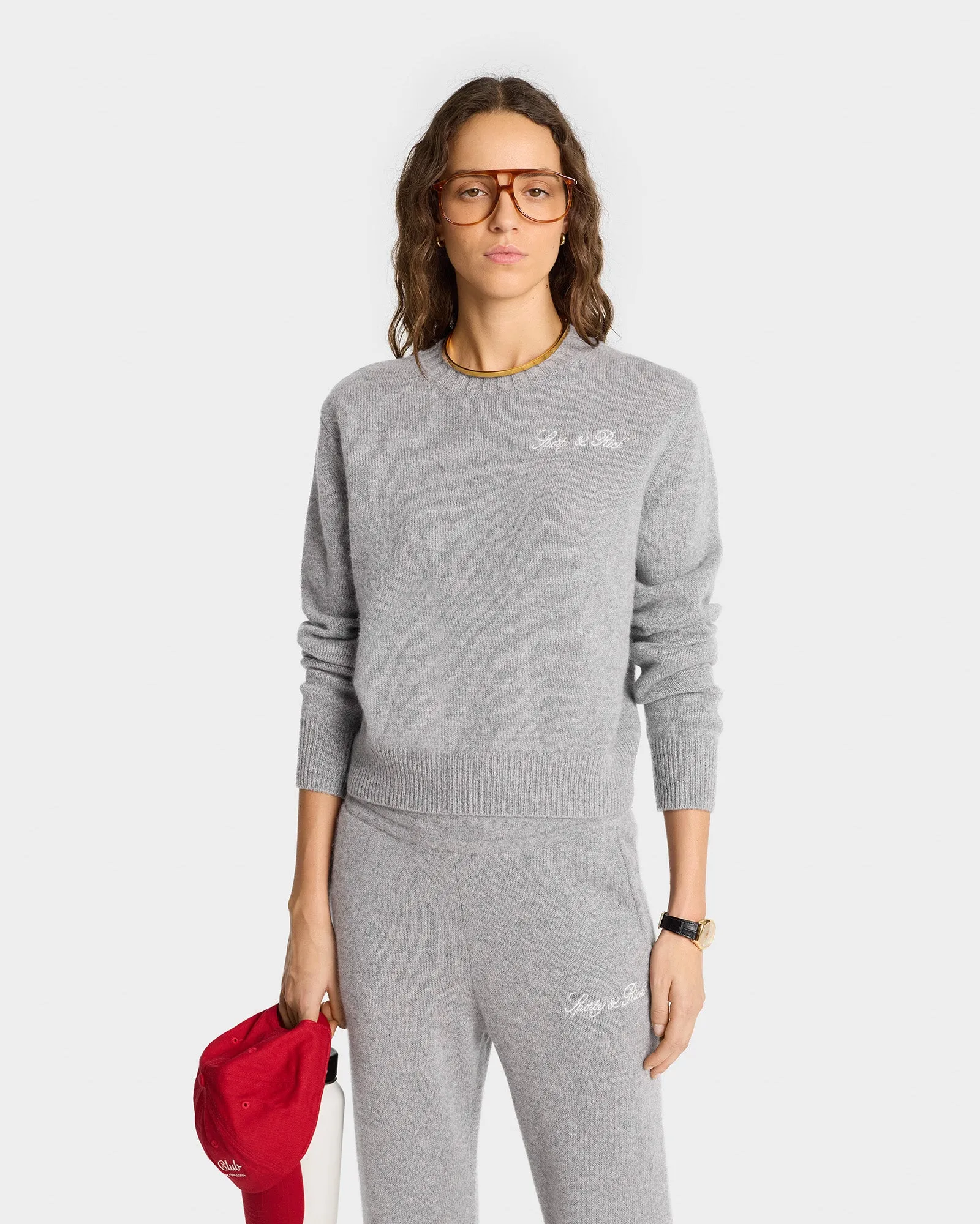 Vendome Script Cashmere Trousers - Heather Gray/White sold by Sporty and Rich product image thumbnail 3