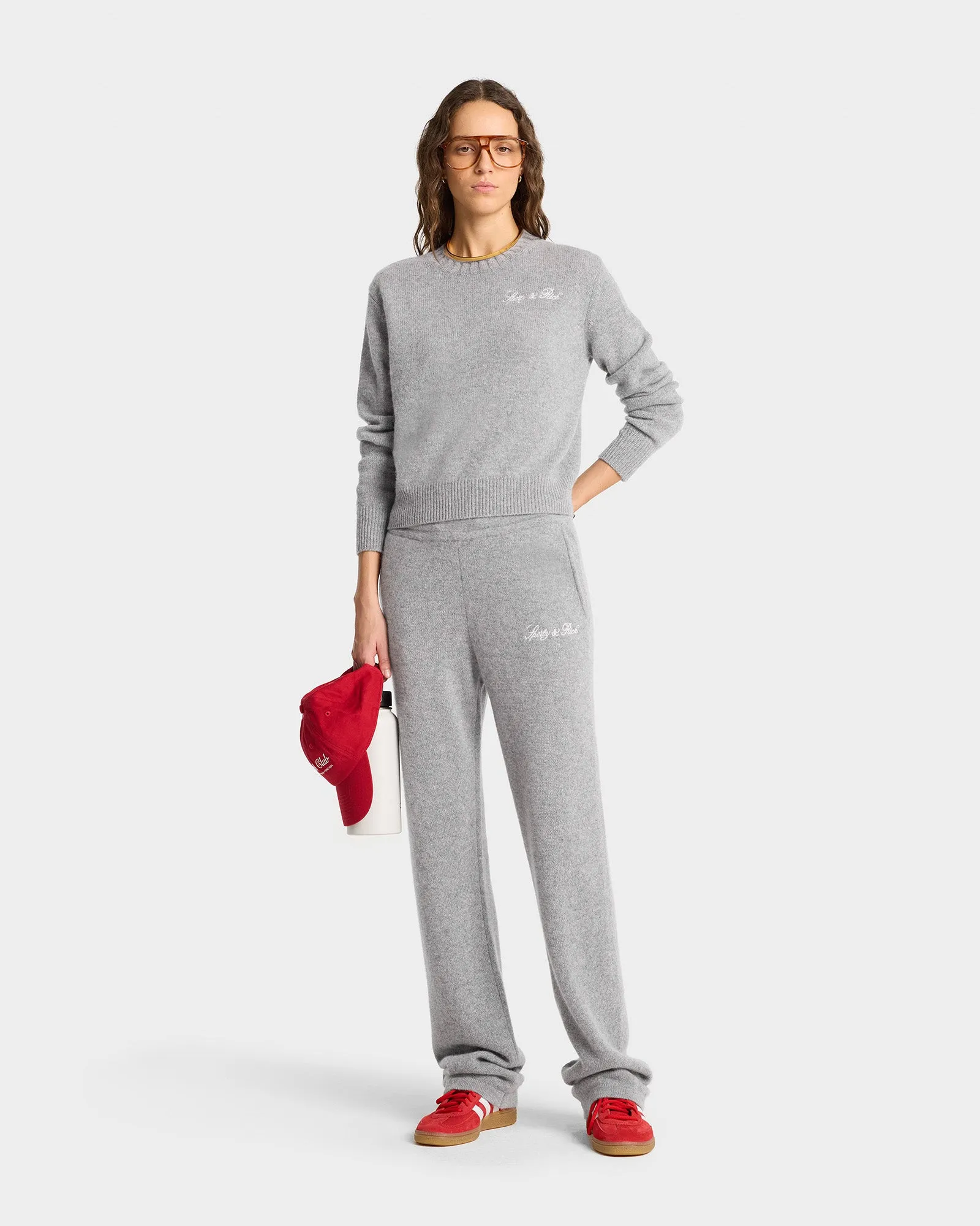 Vendome Script Cashmere Trousers - Heather Gray/White sold by Sporty and Rich product image thumbnail 2