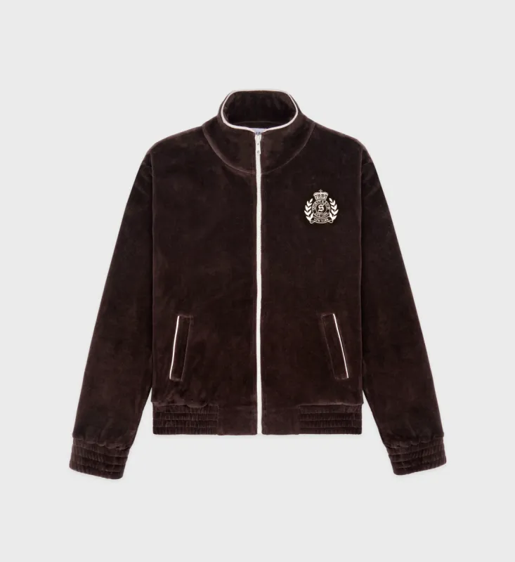 NY Crest Velour Track Jacket - Chocolate/Cream sold by Sporty and Rich