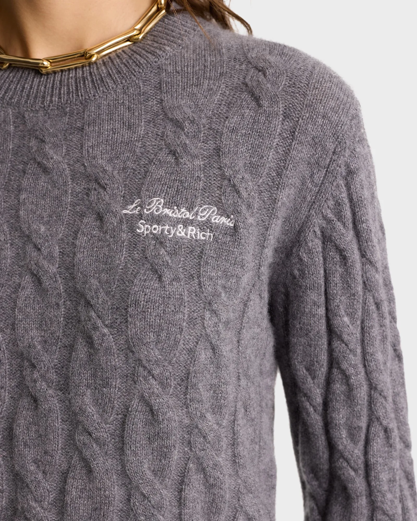 Faubourg Cableknit Wool Cashmere Crewneck - Heather Gray/White sold by Sporty and Rich product image thumbnail 4