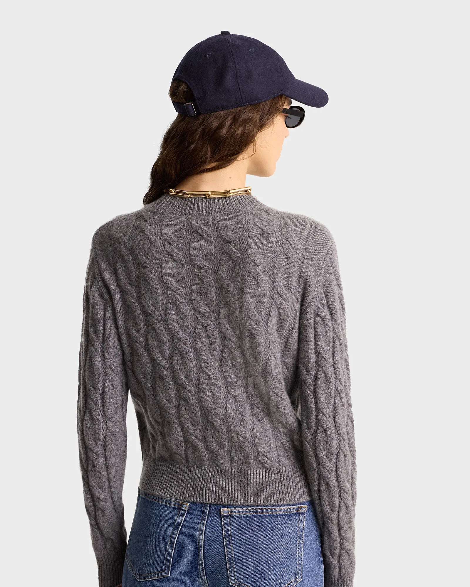 Faubourg Cableknit Wool Cashmere Crewneck - Heather Gray/White sold by Sporty and Rich product image thumbnail 5