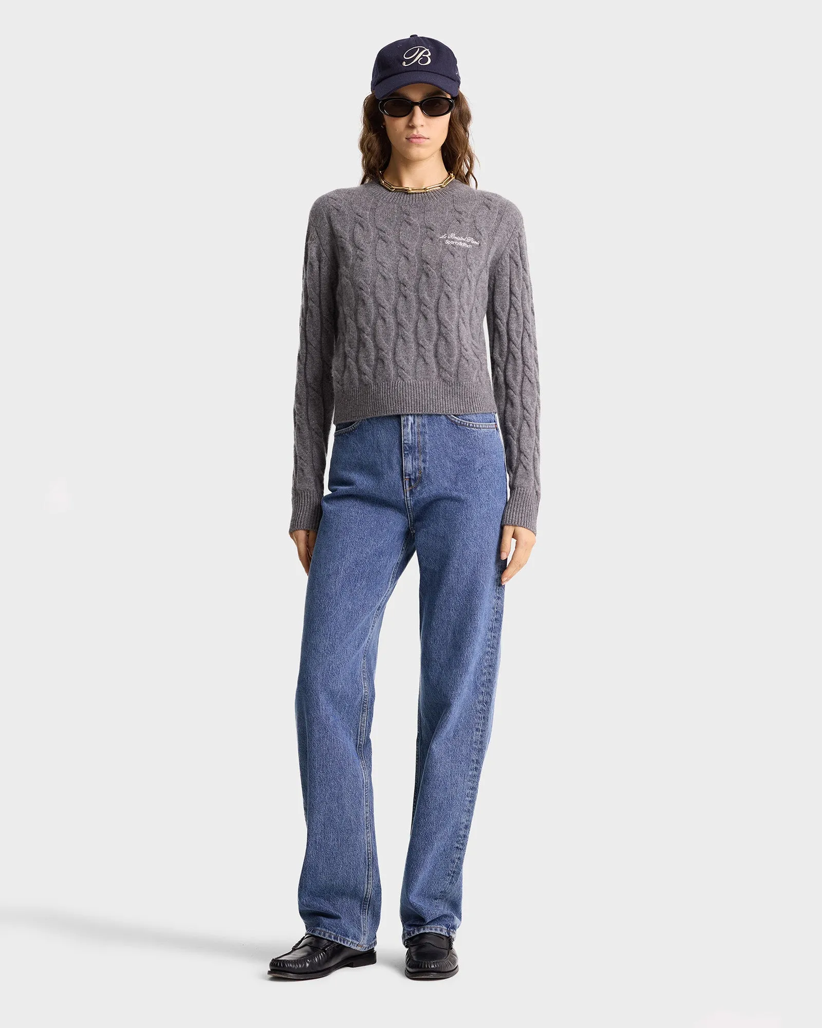Faubourg Cableknit Wool Cashmere Crewneck - Heather Gray/White sold by Sporty and Rich product image thumbnail 2