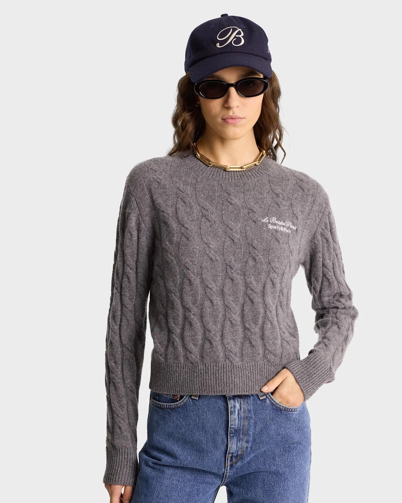 Faubourg Cableknit Wool Cashmere Crewneck - Heather Gray/White sold by Sporty and Rich product image thumbnail 3