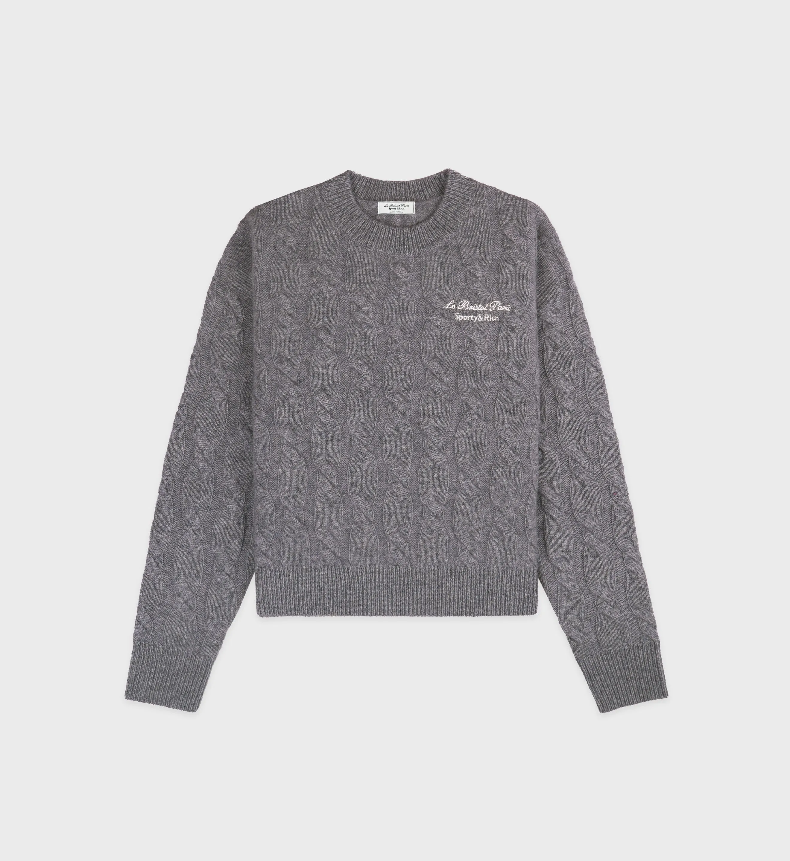 Faubourg Cableknit Wool Cashmere Crewneck - Heather Gray/White sold by Sporty and Rich