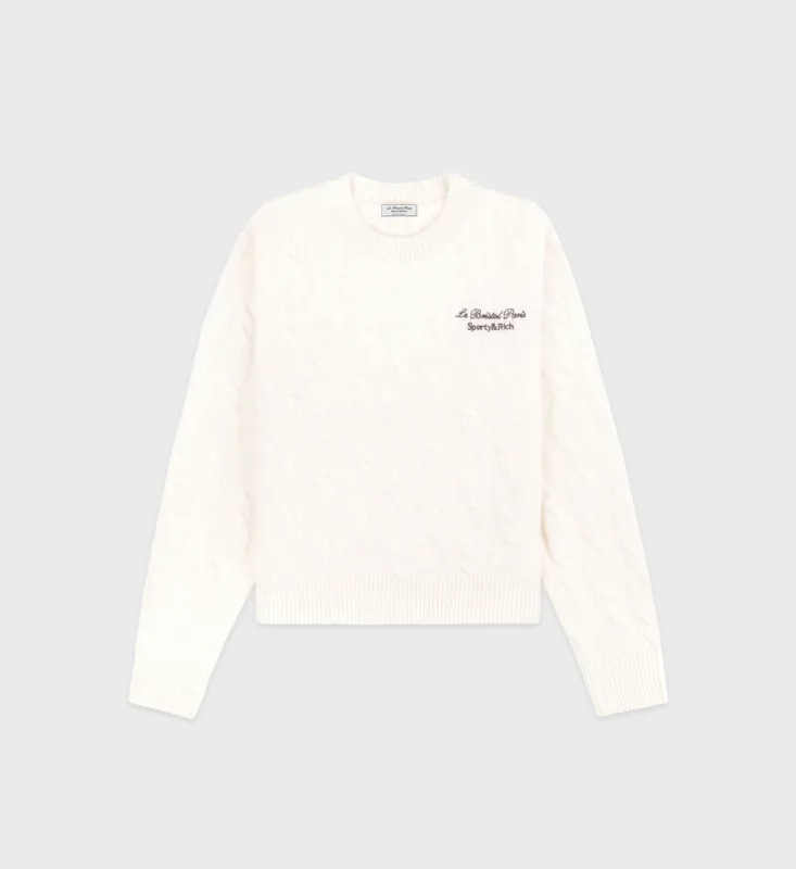 Faubourg Cableknit Wool Cashmere Crewneck - Cream/Chocolate sold by Sporty and Rich