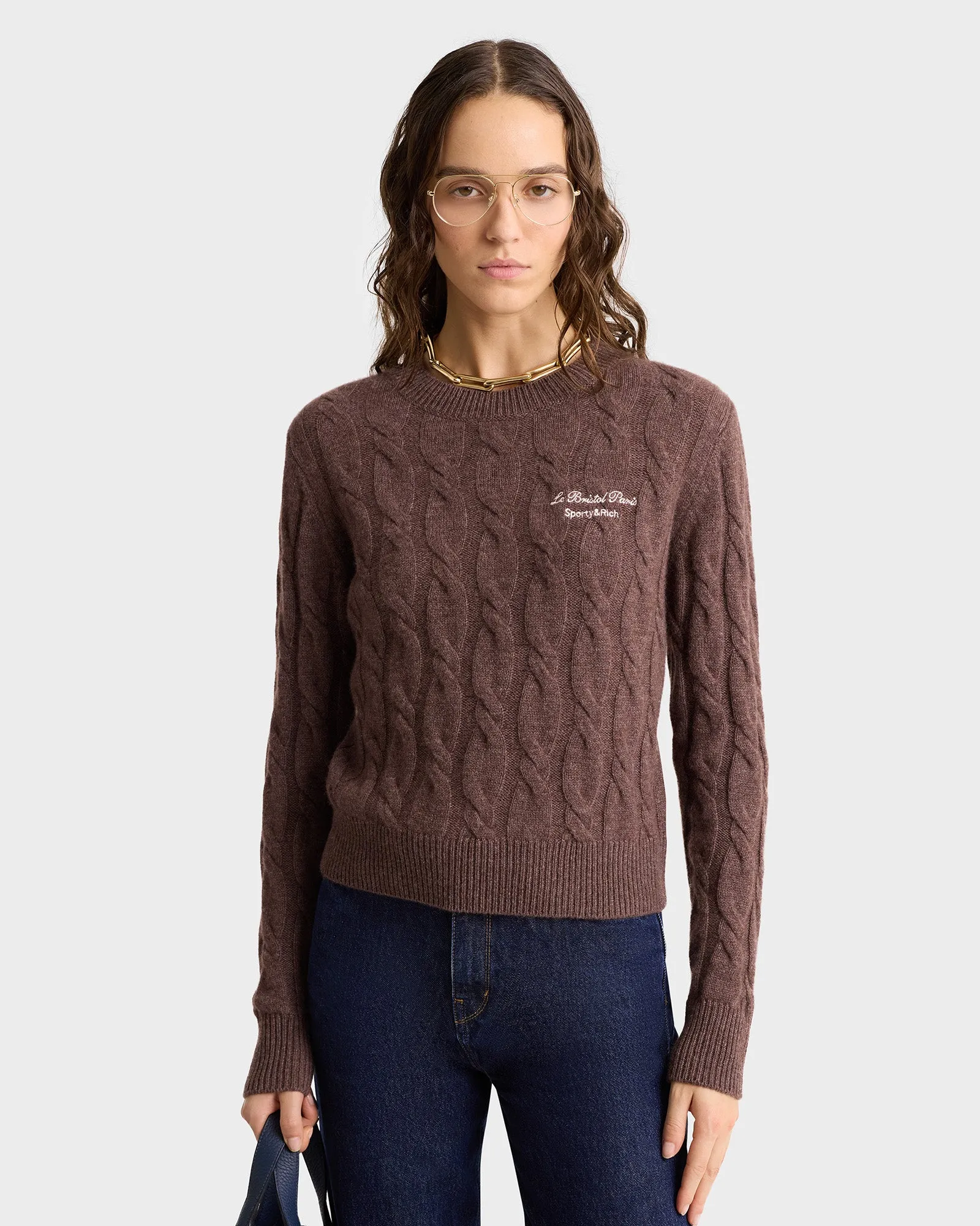 Faubourg Cableknit Wool Cashmere Crewneck - Chocolate/Cream sold by Sporty and Rich product image thumbnail 4