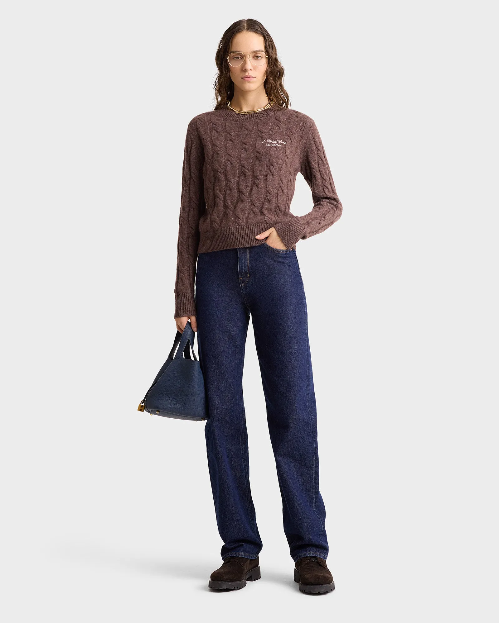 Faubourg Cableknit Wool Cashmere Crewneck - Chocolate/Cream sold by Sporty and Rich product image thumbnail 3