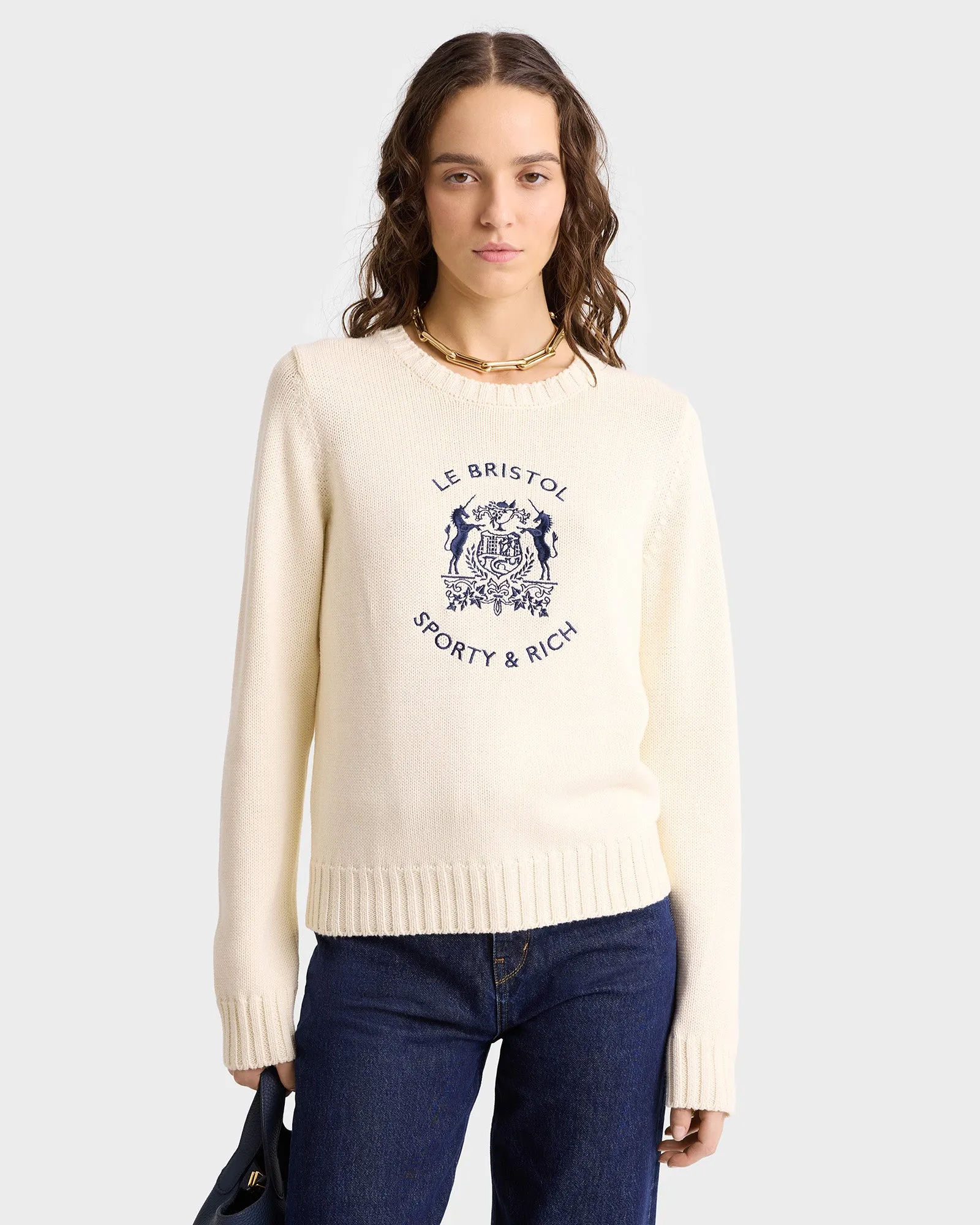 Bristol Crest Cotton Knit Sweater - Cream sold by Sporty and Rich product image thumbnail 3