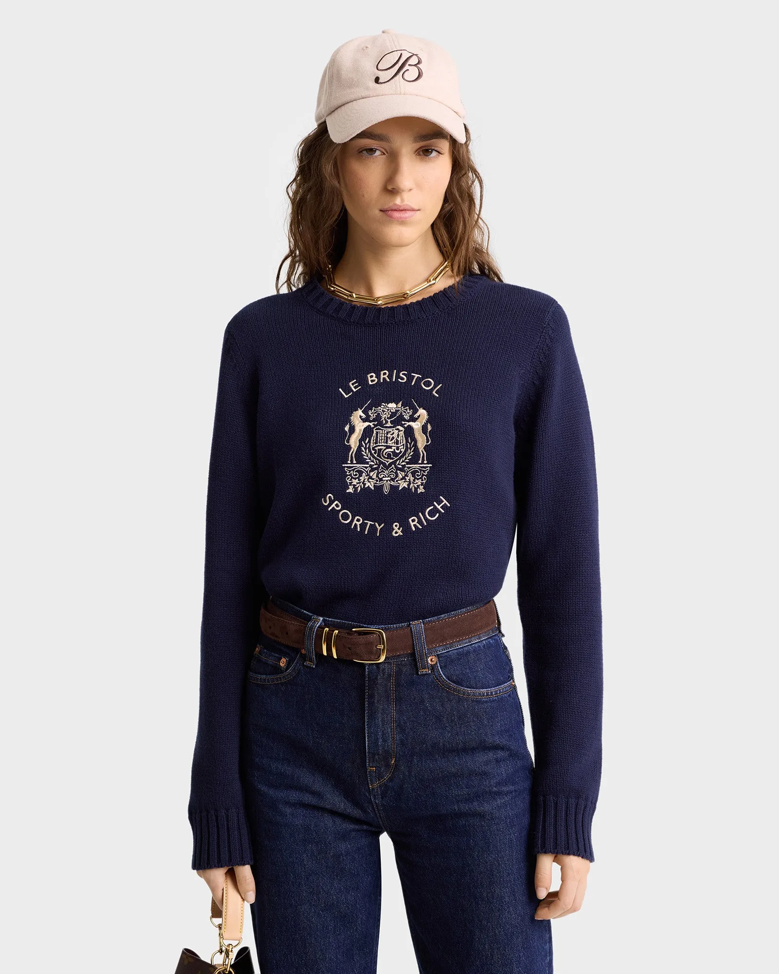Bristol Crest Cotton Knit Sweater - Navy/Cream sold by Sporty and Rich product image thumbnail 5